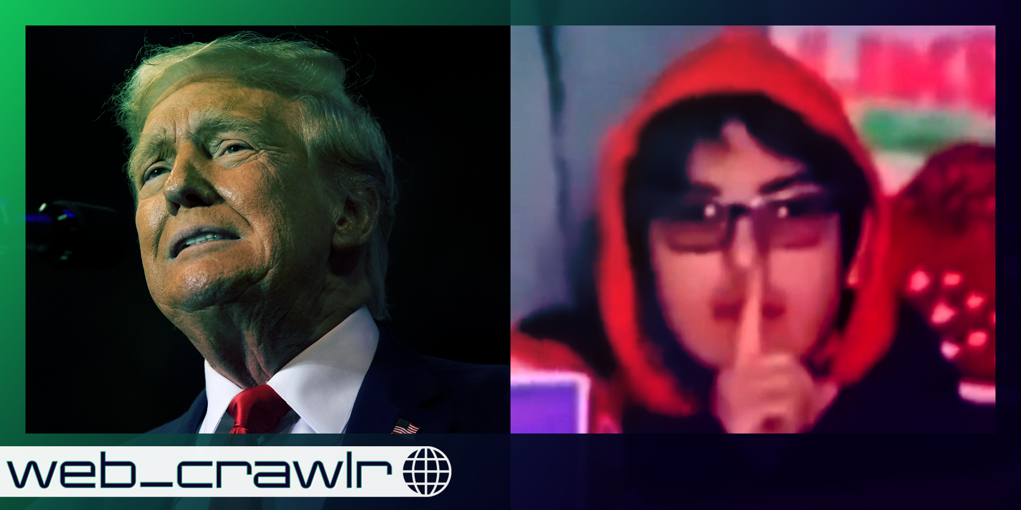 Donald Trump and a kid mewing. The Daily Dot newsletter web_crawlr logo is in the bottom left corner.