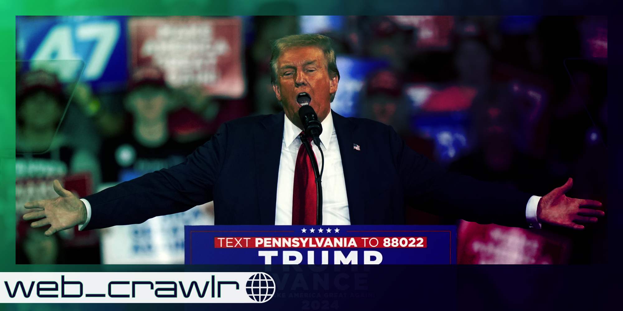 Donald Trump at a rally with his arms stretched out. The Daily Dot newsletter web_crawlr logo is in the bottom left corner.