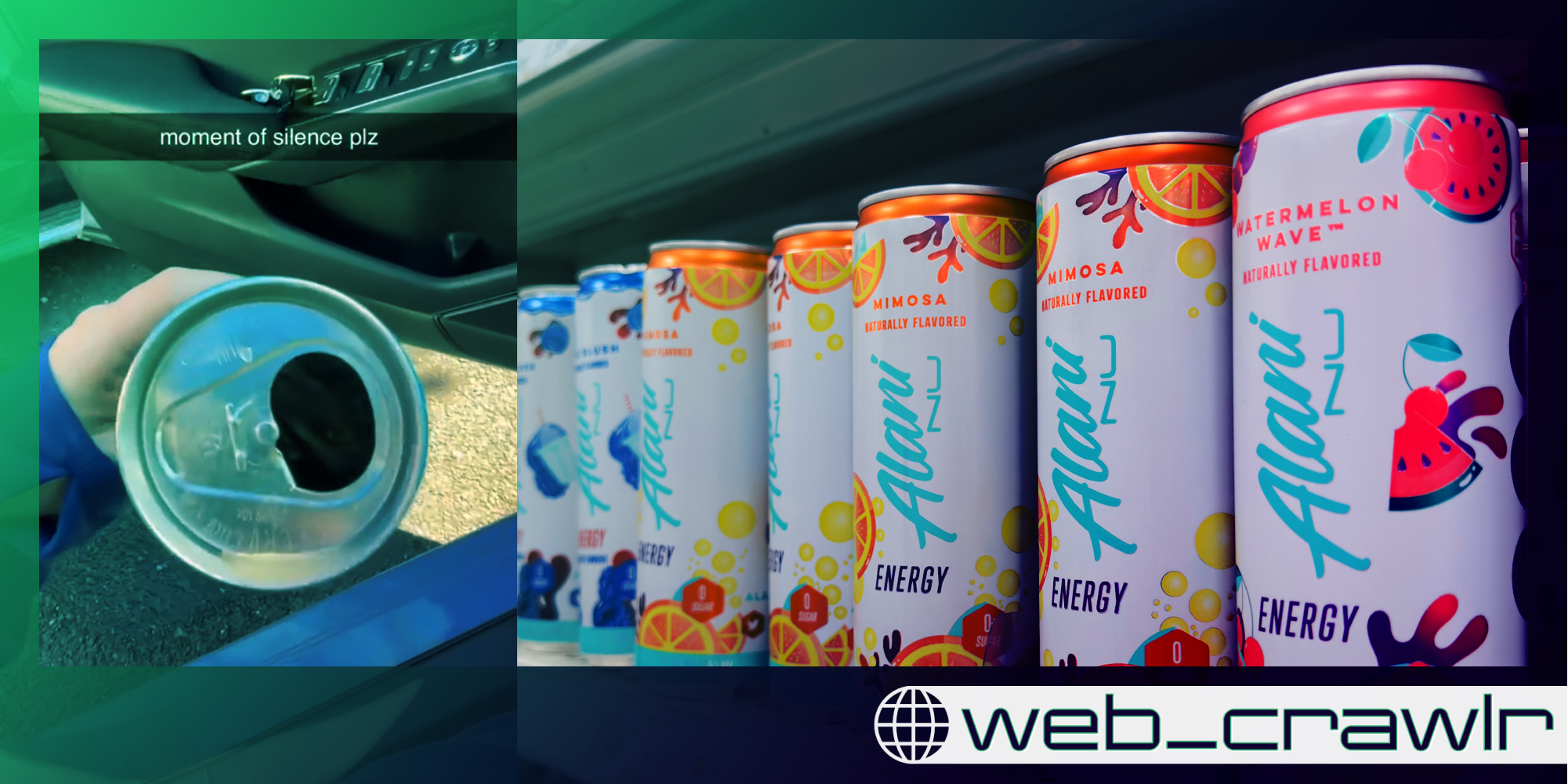 A person holding an energy drink can next to a row of Alani Nu energy drinks. The Daily Dot newsletter web_crawlr logo is in the bottom right corner.