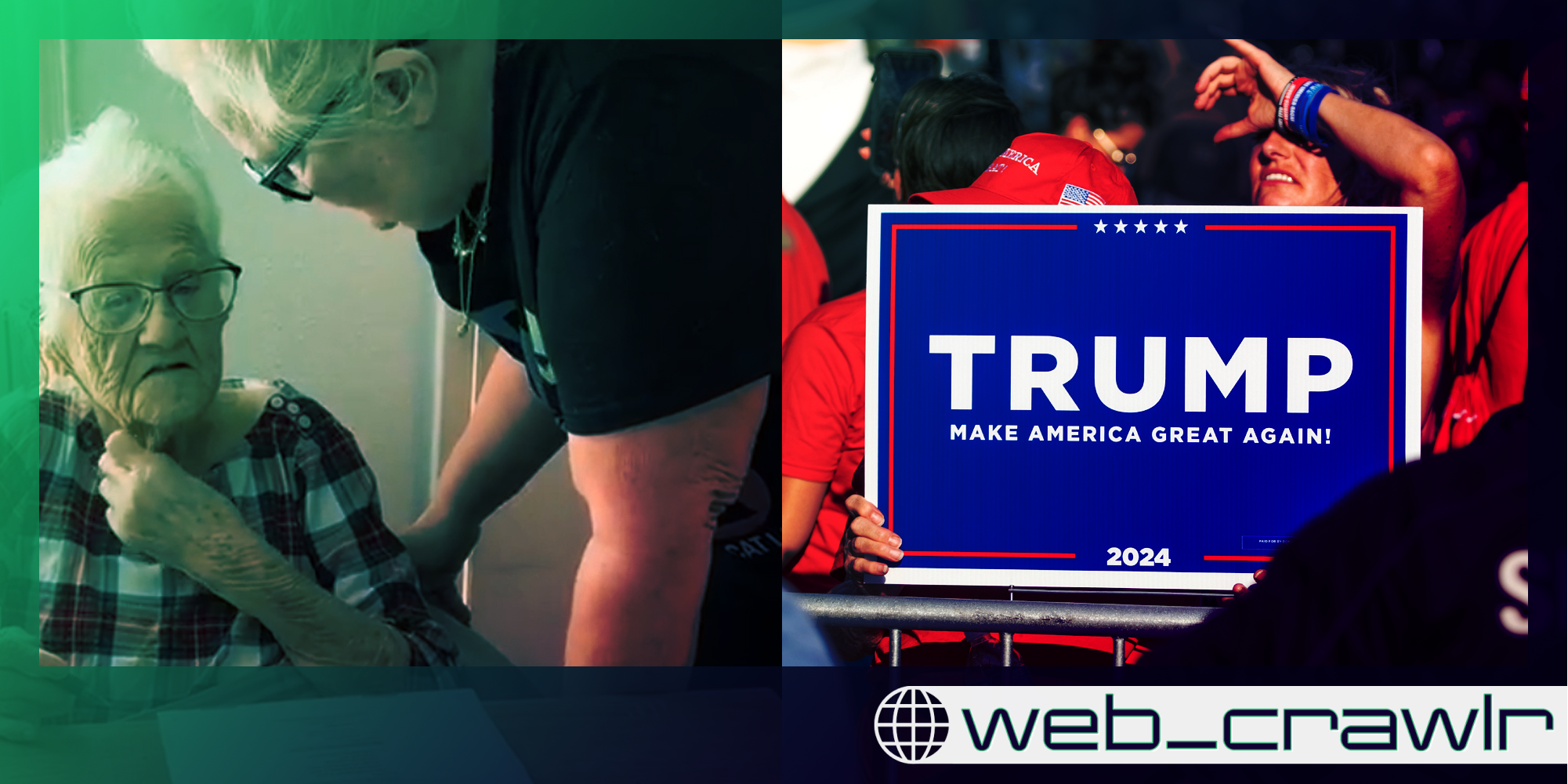 An old woman voting next to a Trump sign. The Daily Dot newsletter web_crawlr logo is in the bottom right corner.