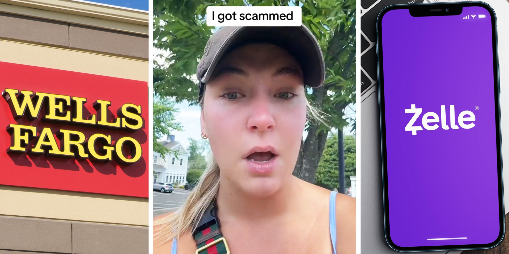 Wells Fargo sign(l), Woman talking with tex that says 'I got scammed'(c), Phone with zelle app(r)