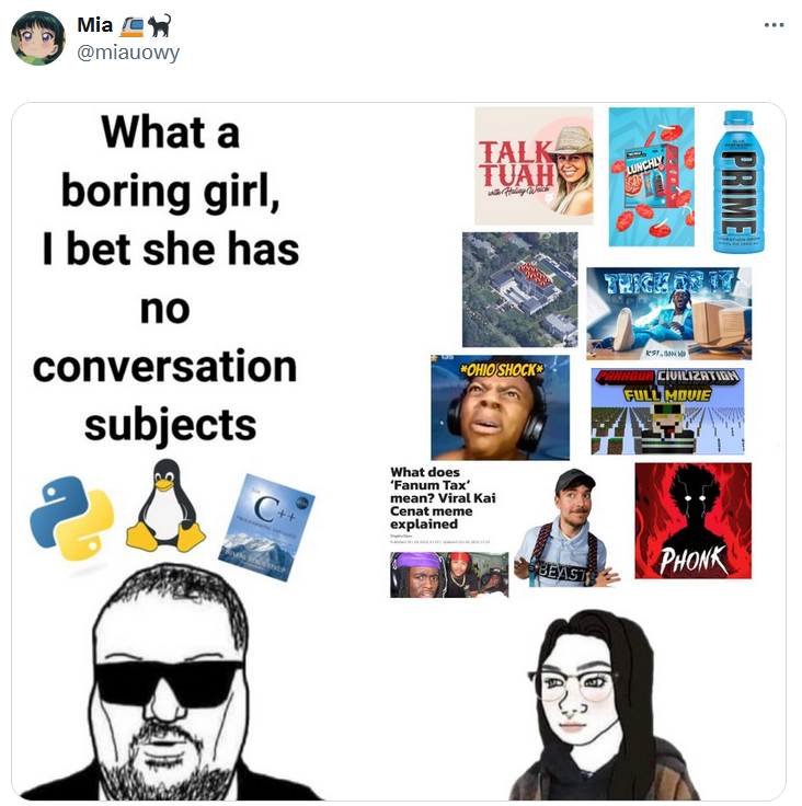 Meme with the Consoomer and Doomer Tradwide reversed as she thinks about internet culture topics.