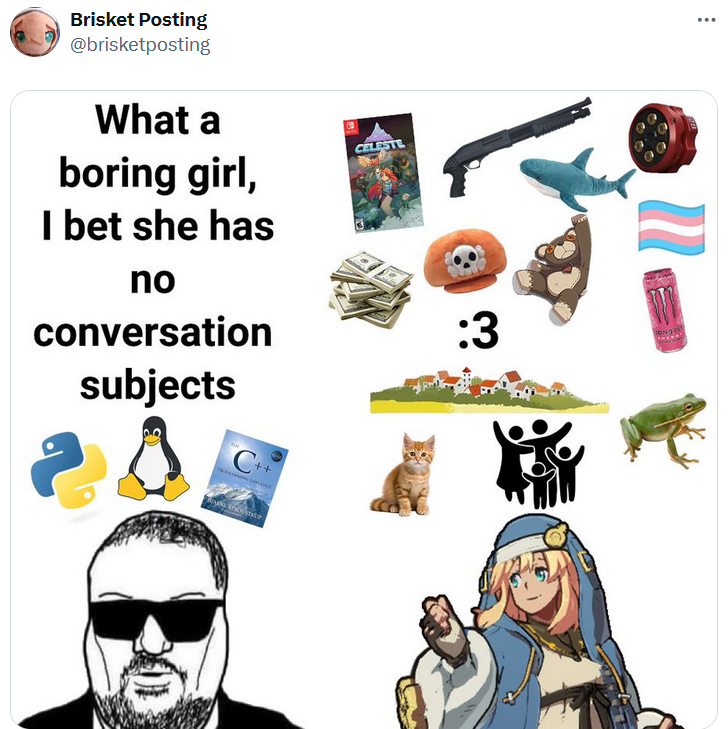 Meme with the Consoomer on the left and the Doomer Tradwife replaced with a video game character.