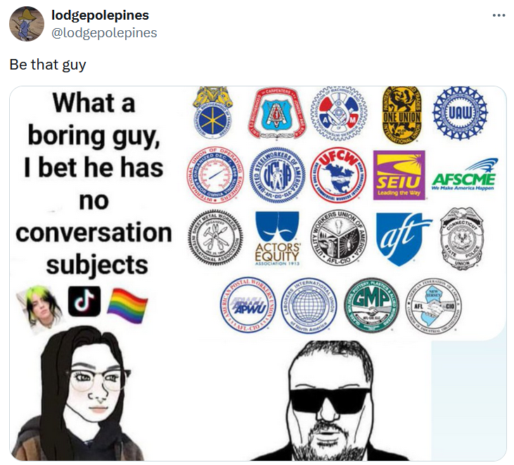 What a boring guy meme with logos from different unions.