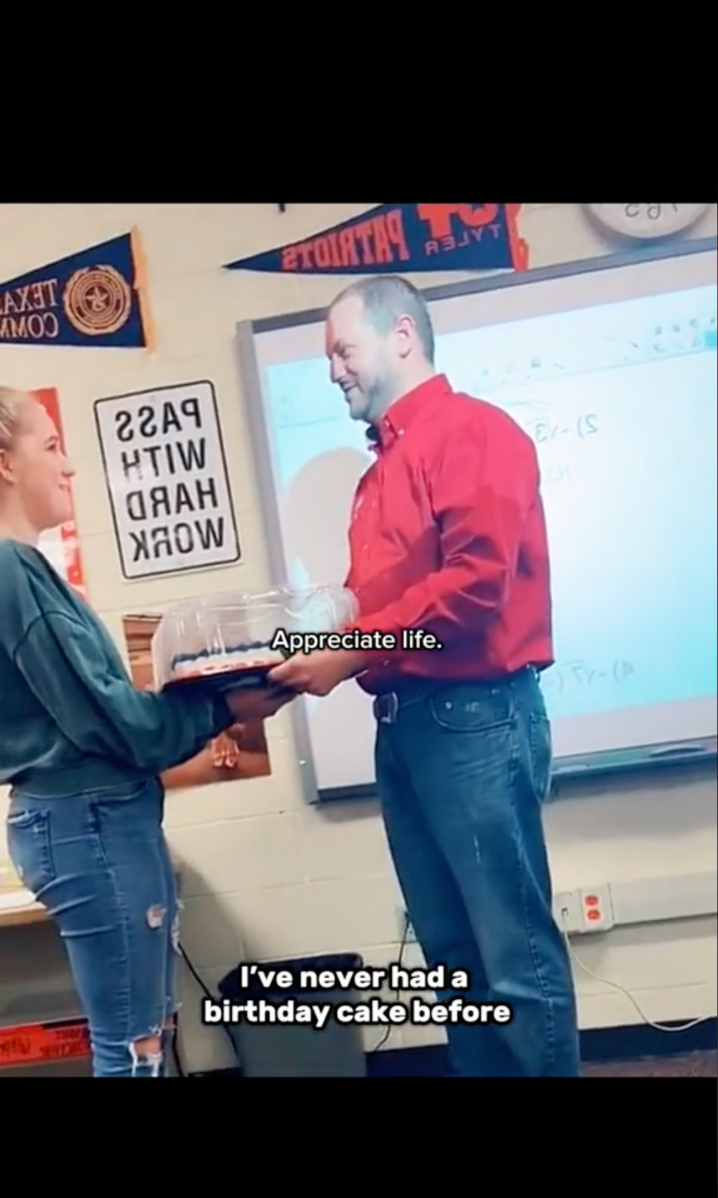 Hopecore TikTok video of a teacher getting a birthday cake for the first time.