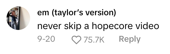 TikTok comment that reads, 'never skip a hopecore video.'