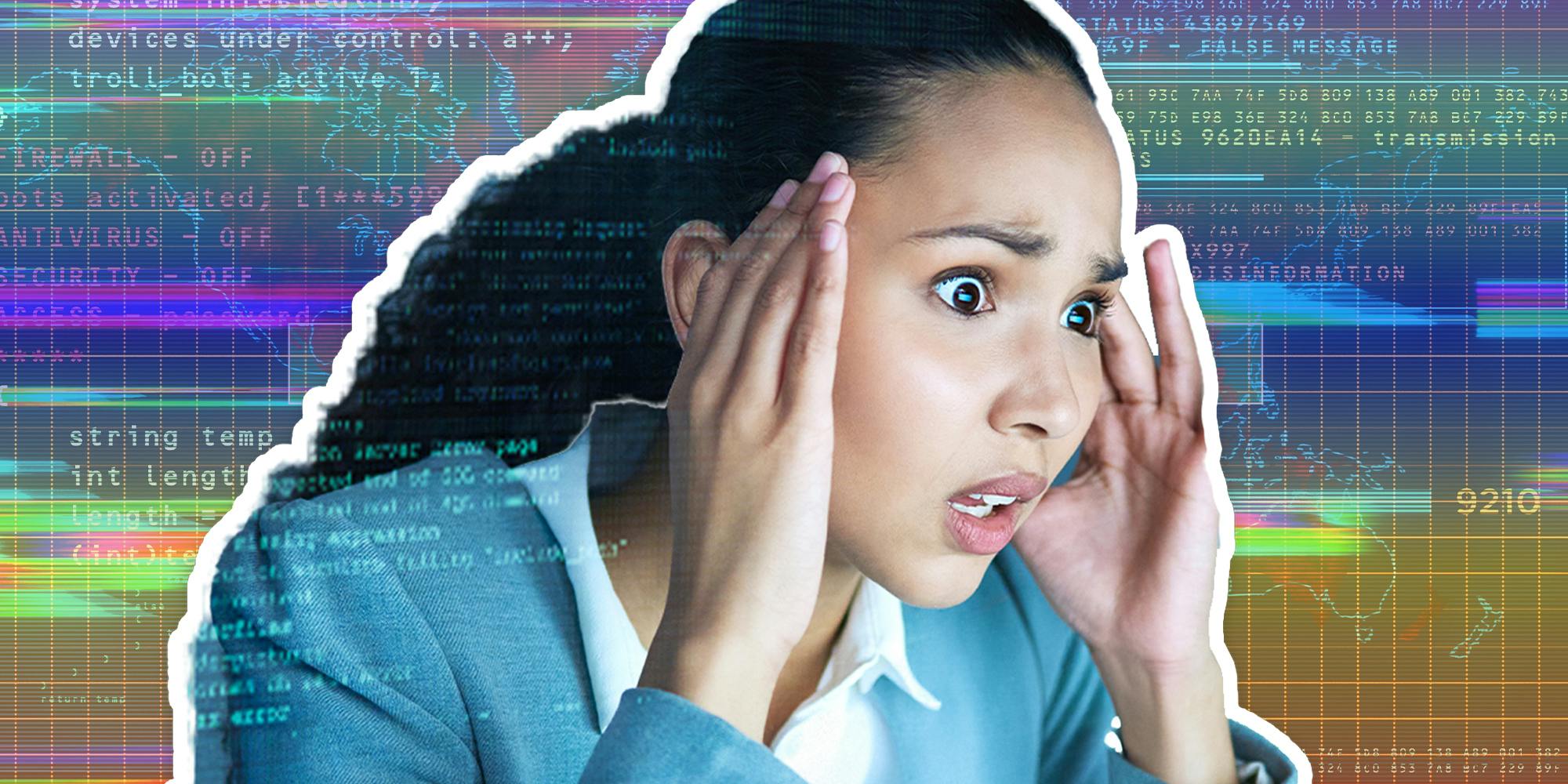 woman looking shocked after being hacked