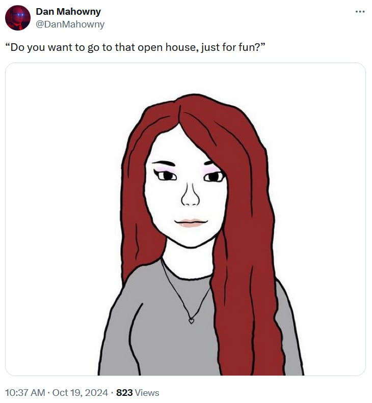 Wife Wojak meme about going to open houses.