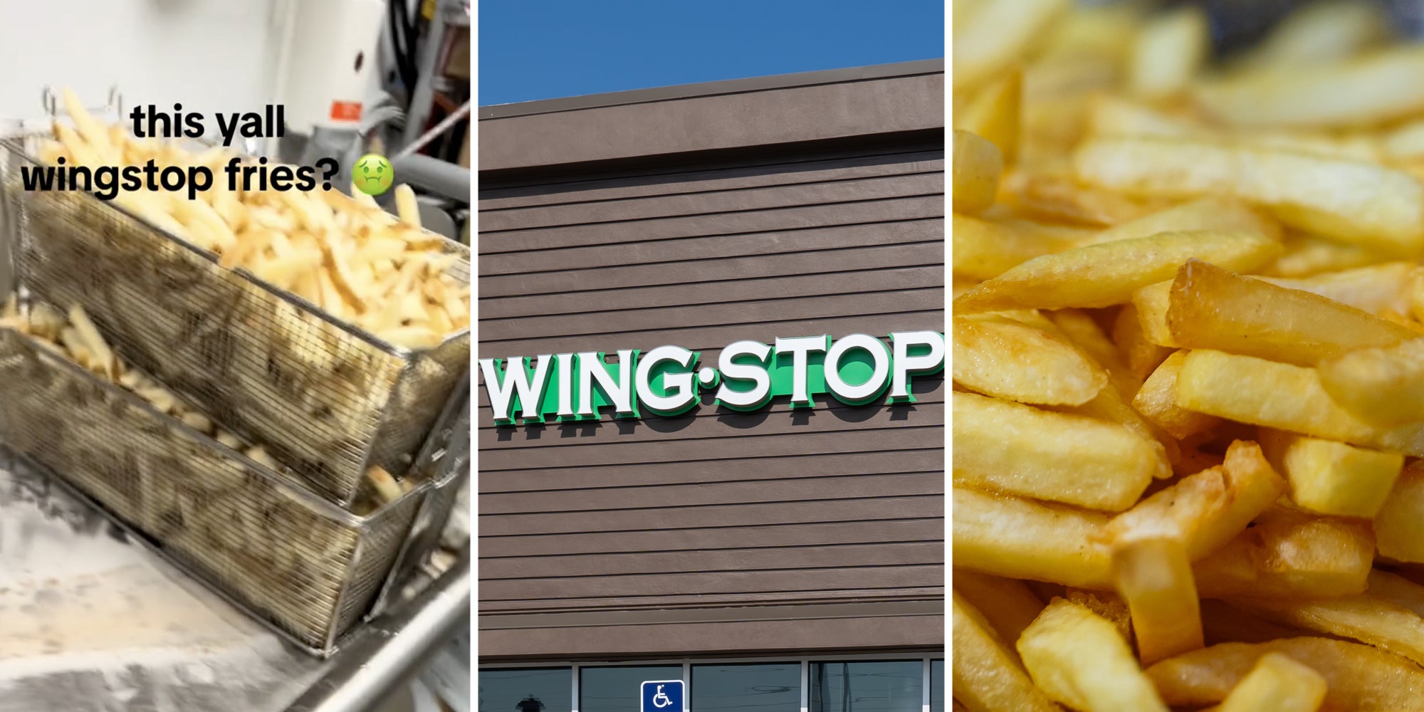 precooked french fries(l), Wingstop storefront(c), Cooked French fries(r)