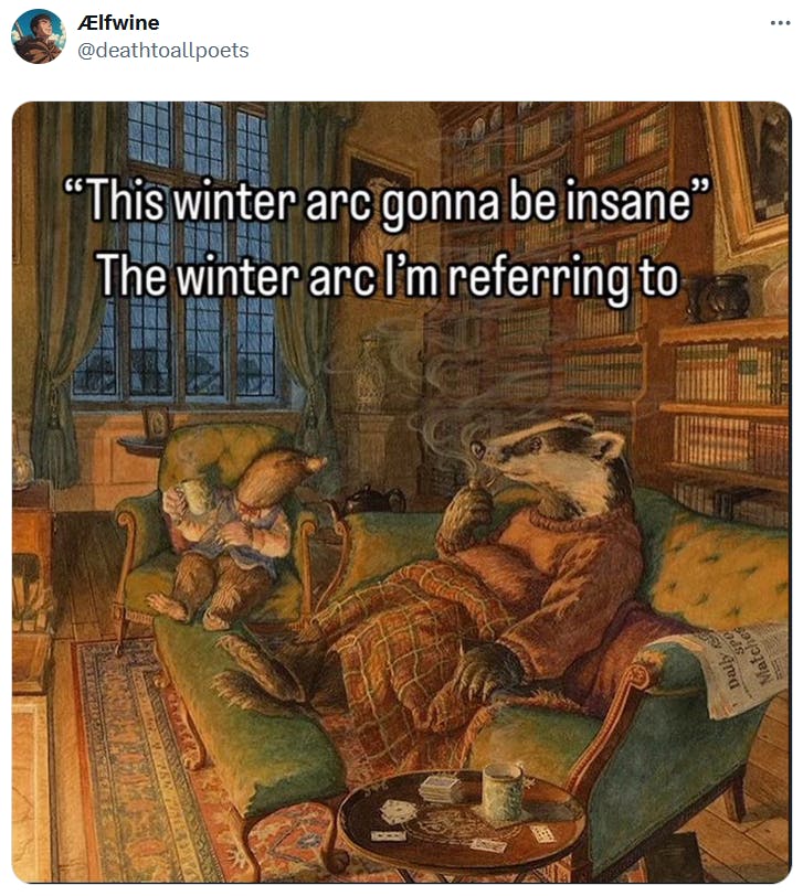 Winter Arc meme with a painting of a mole and badger sitting in a living room.