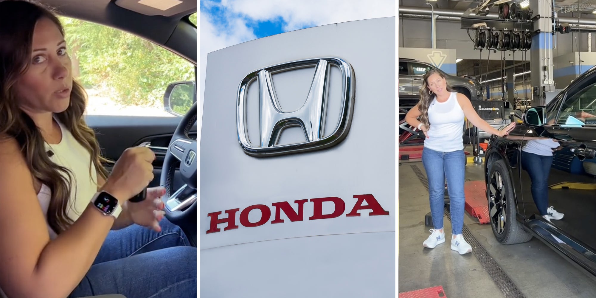 Woman talking in car(l), Honda sign(c), Woman standing outside Honda Prolouge(r)