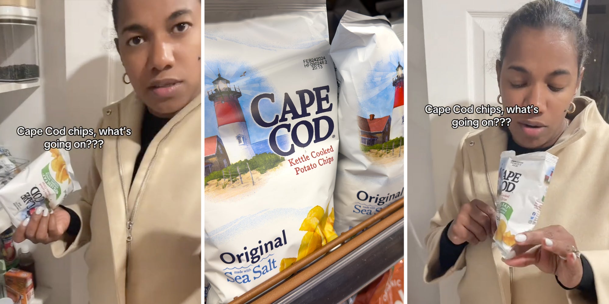 Woman with small bag of Cape Cod chips and text that says 'Cape Cod chips, what's going on??'(l+R), Cape Cod Chips(c)