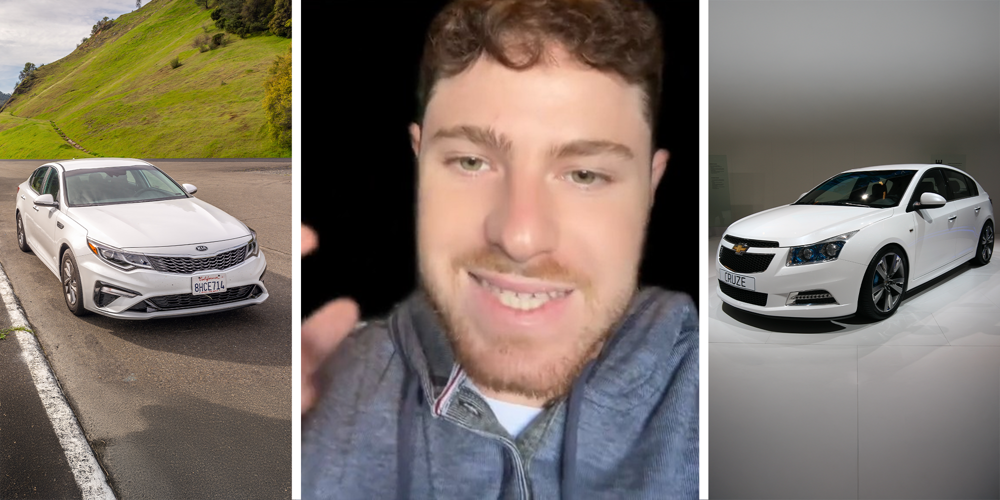 Kia Optima(l) TikToker car reviewer(c) Chevy Cruze(r)