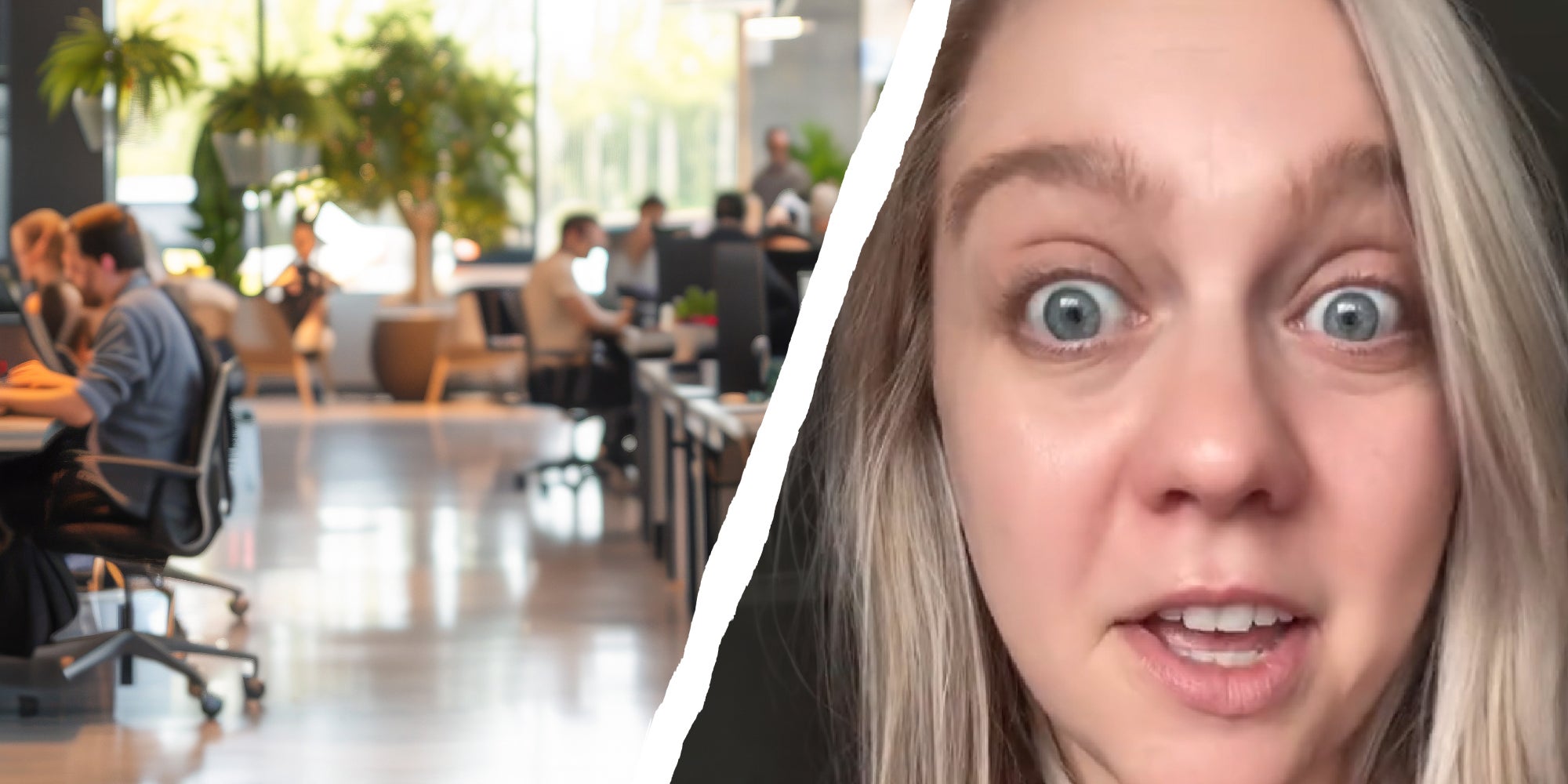 2 panel image, office space on one side, a startled person on the right.