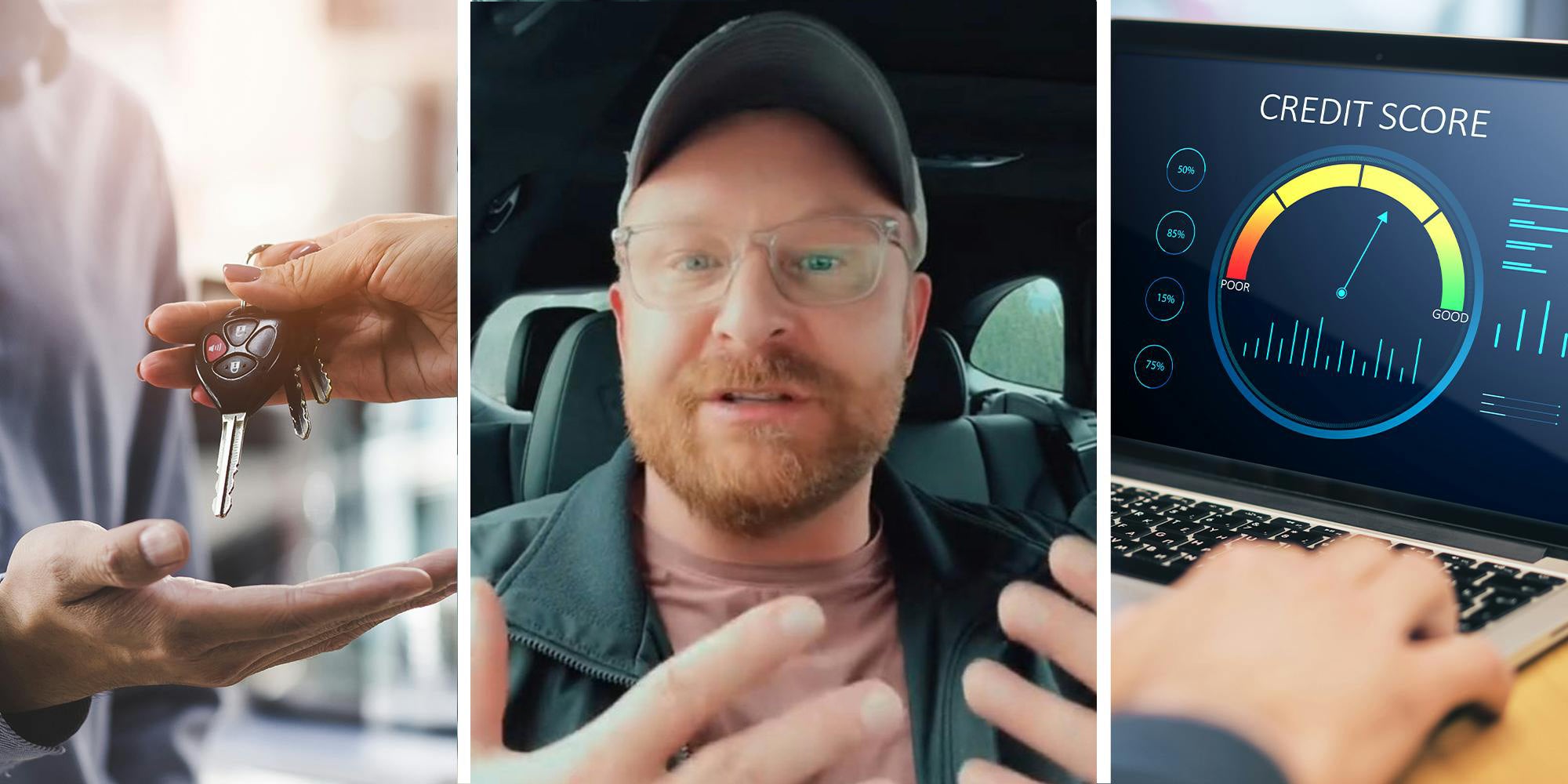 Dealer handing over keys to customer(l) Man sharing why not to share your credit score on TikTok(c) Credit Score displayed on laptop(r)
