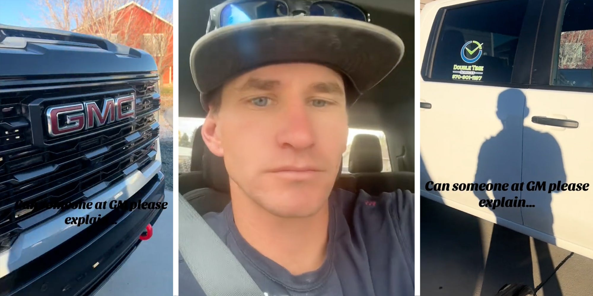 Front of GMC truck(l), Man talking(c), Side of truck(r)