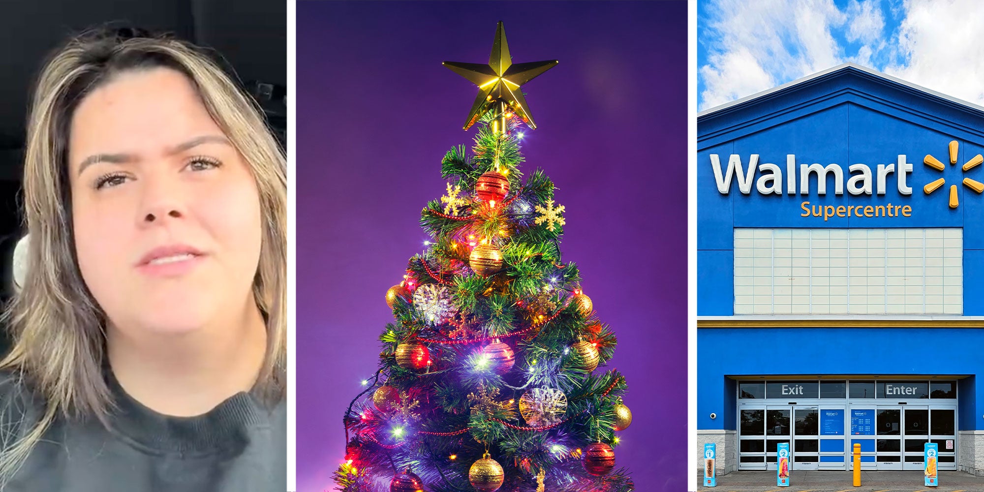 three panel design with a woman speaking to the camera is one, a purple themed tree in the center and a Walmart store in the 3rd.