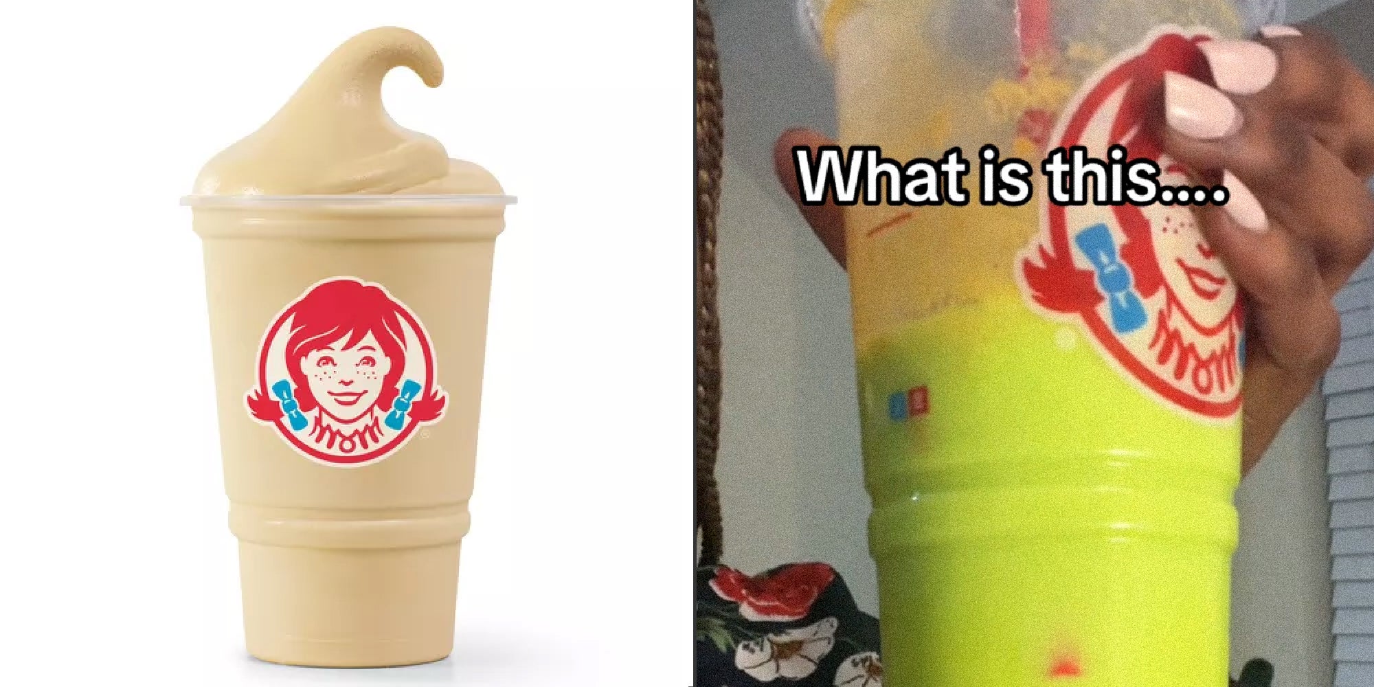 2 panel image: on the left is the salted caramel frosty, on the right is a a close up of a hand holding a Wendy's frosty cup with text over it that reads, 'What is this...'