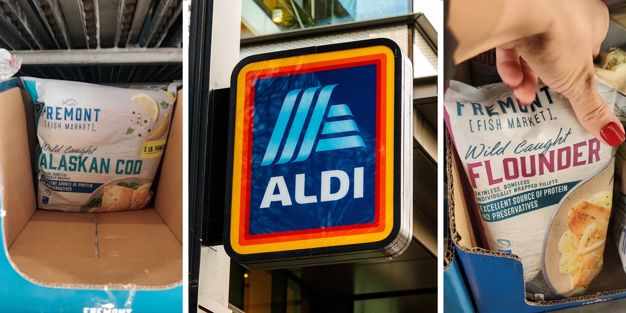 Alaskan Cod(l) Aldi Sign(c) Wild Caught flounder bag in store(r)