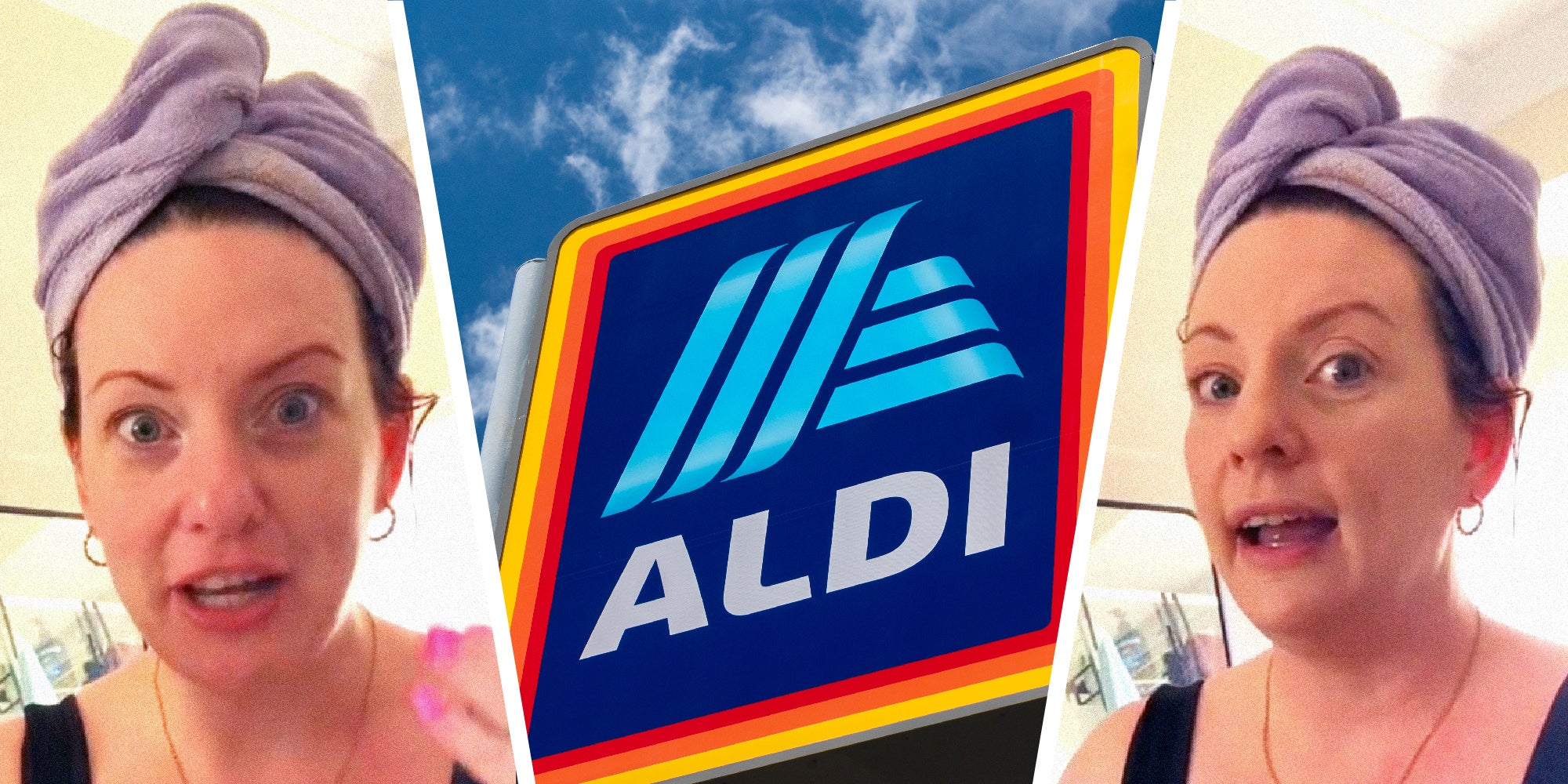 3 panel image. On the sides a person with a towel on their head speaks to camera. In the middle we see an Aldi store sign.