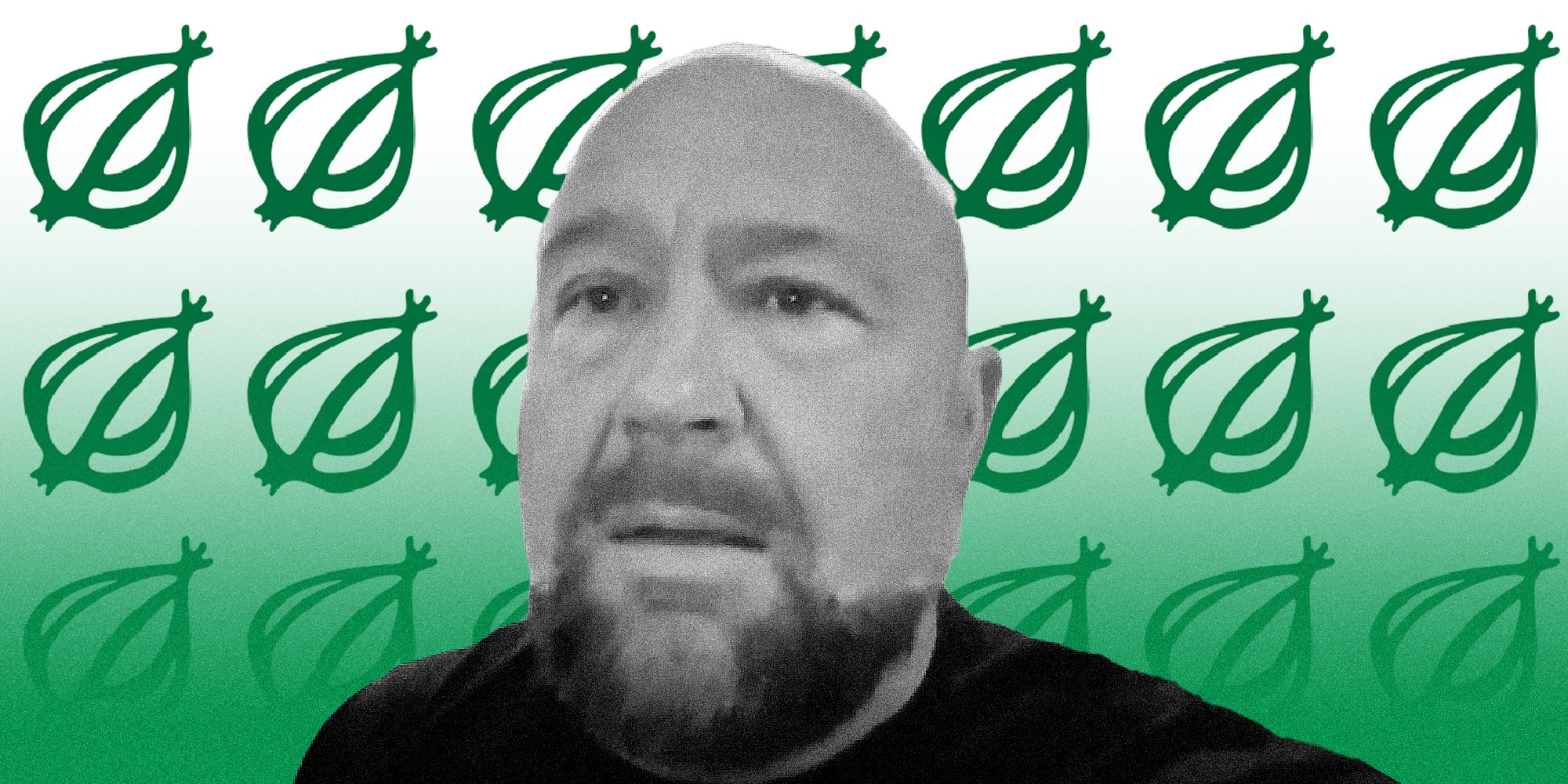 Image of Alex Jones with green onion symbols behind him.
