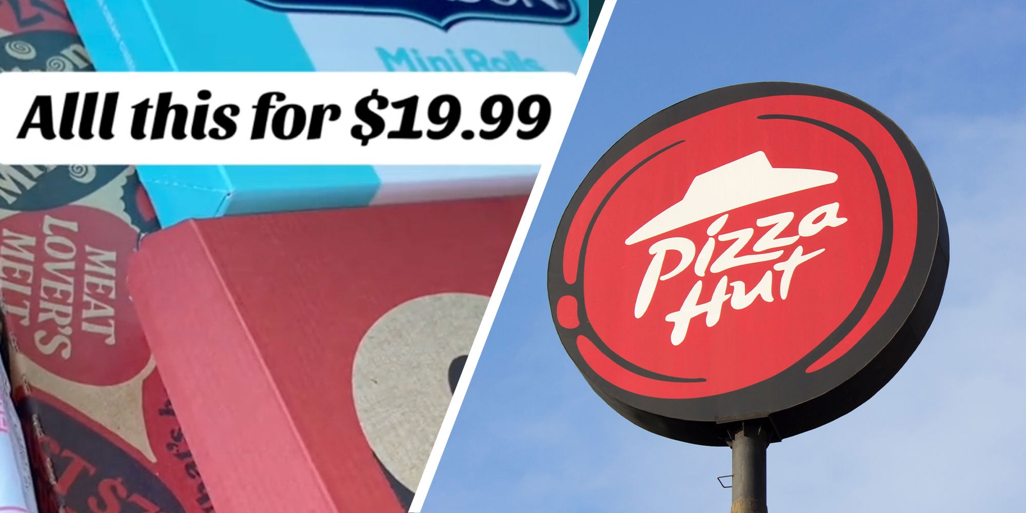 Two panel design with text reading 'Alll this for $19.99, next to an image of a Pizza Hut Sign