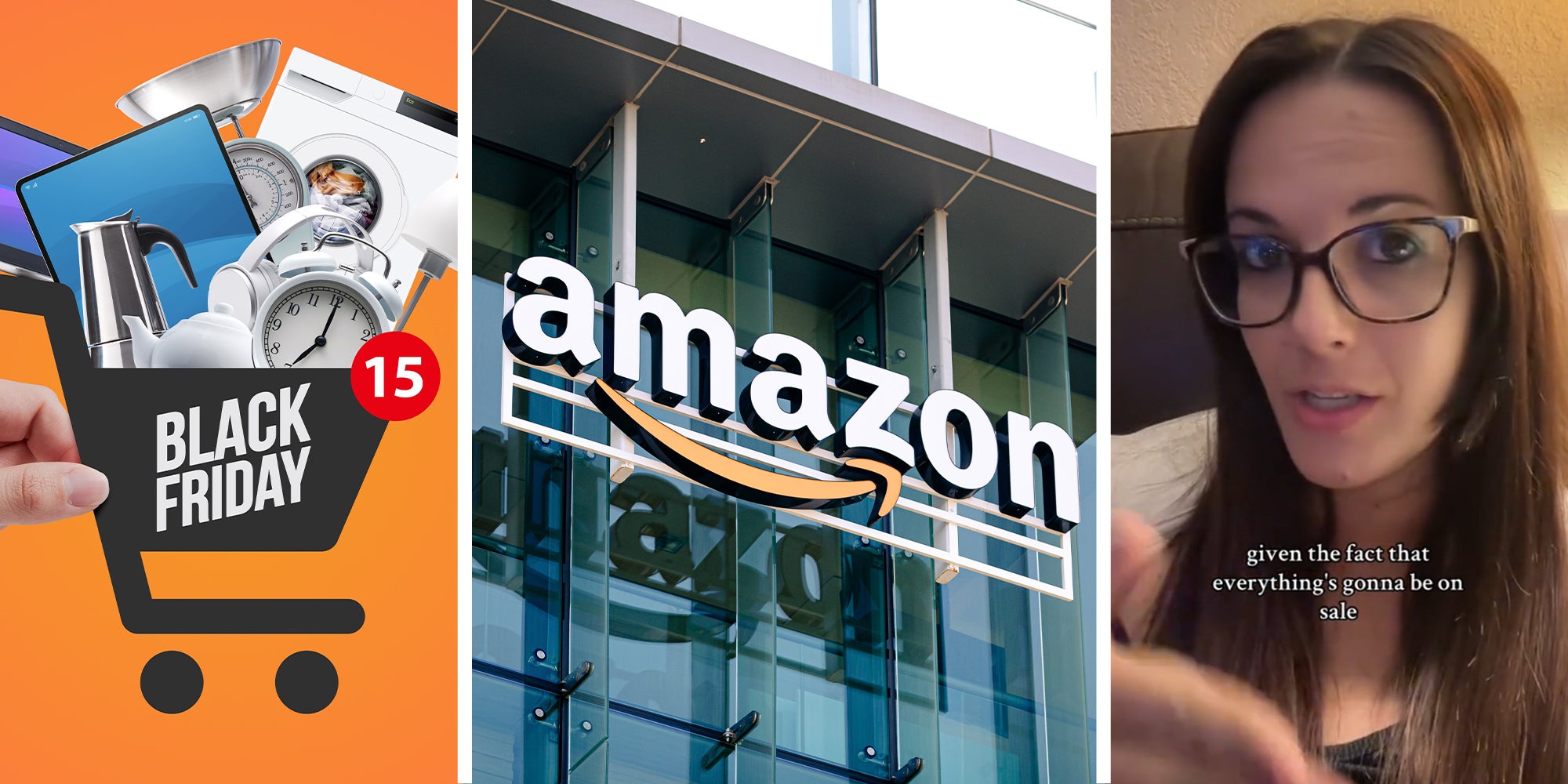 Black Friday Promo icon(l) Amazon Store Logo on building(c) Woman shares what she found out for Amazon Black Friday Sale(r)