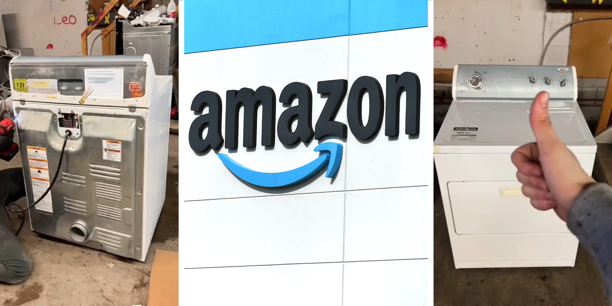 Washing Machine Rear view(l) Amazon Building sign(c) Thumbs up Infront of Washing Machine(r)