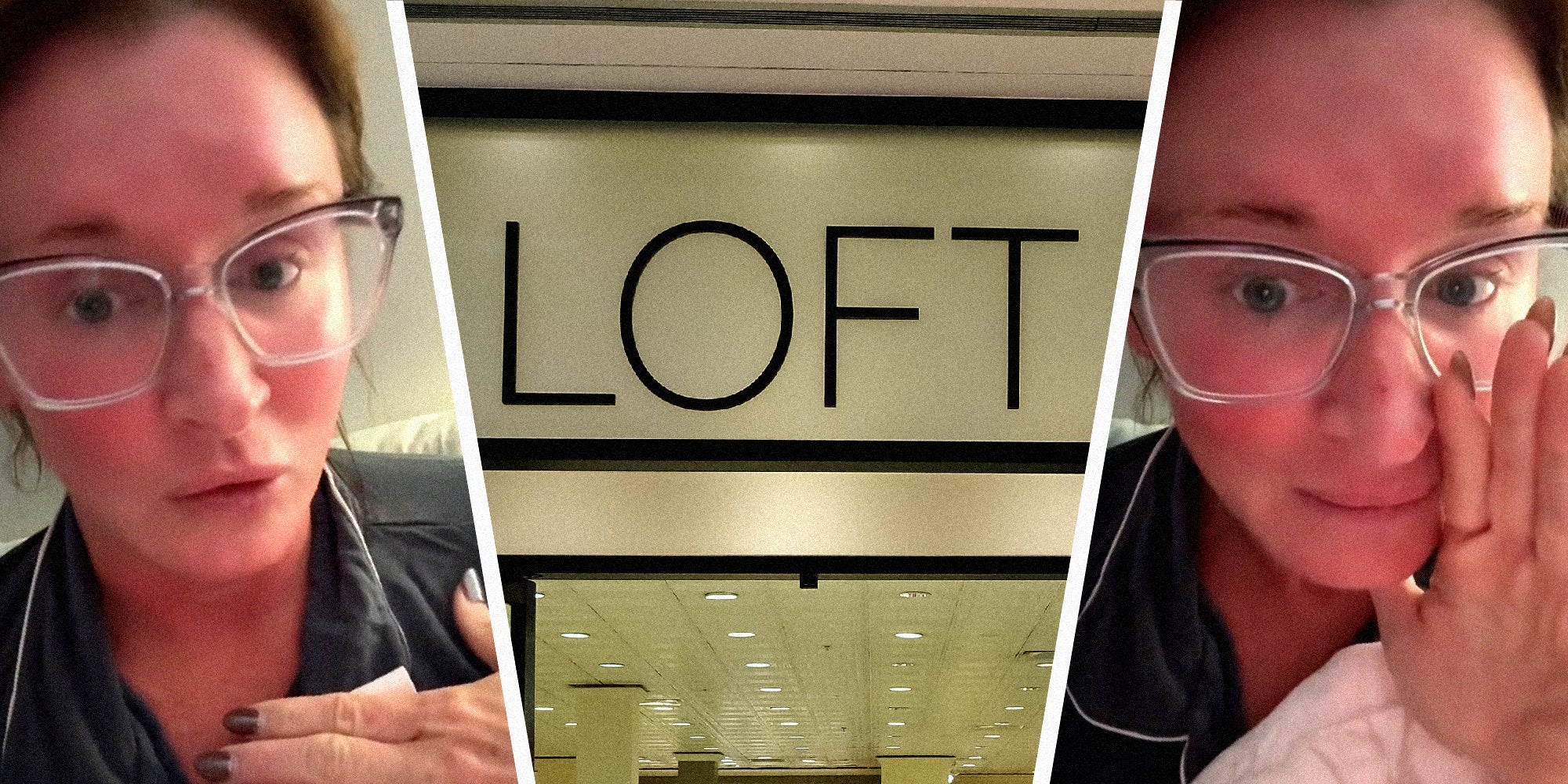 3 panel image. On the sides a woman wearing glasses speaks. In the middle is the exterior of an Ann Taylor Loft store.