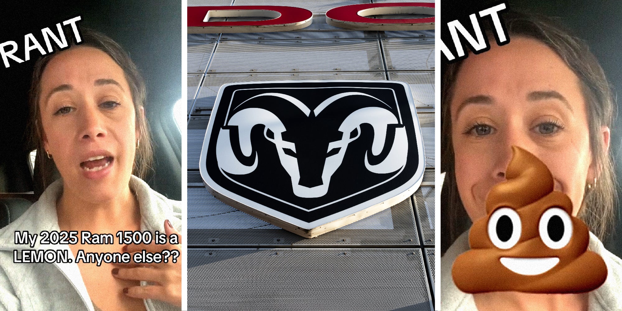 3 panel image: On the sides a person is talking in their car with the words, 'RANT, My 2025 Ram 1500 is a LEMON. Anyone else??' In the middle is