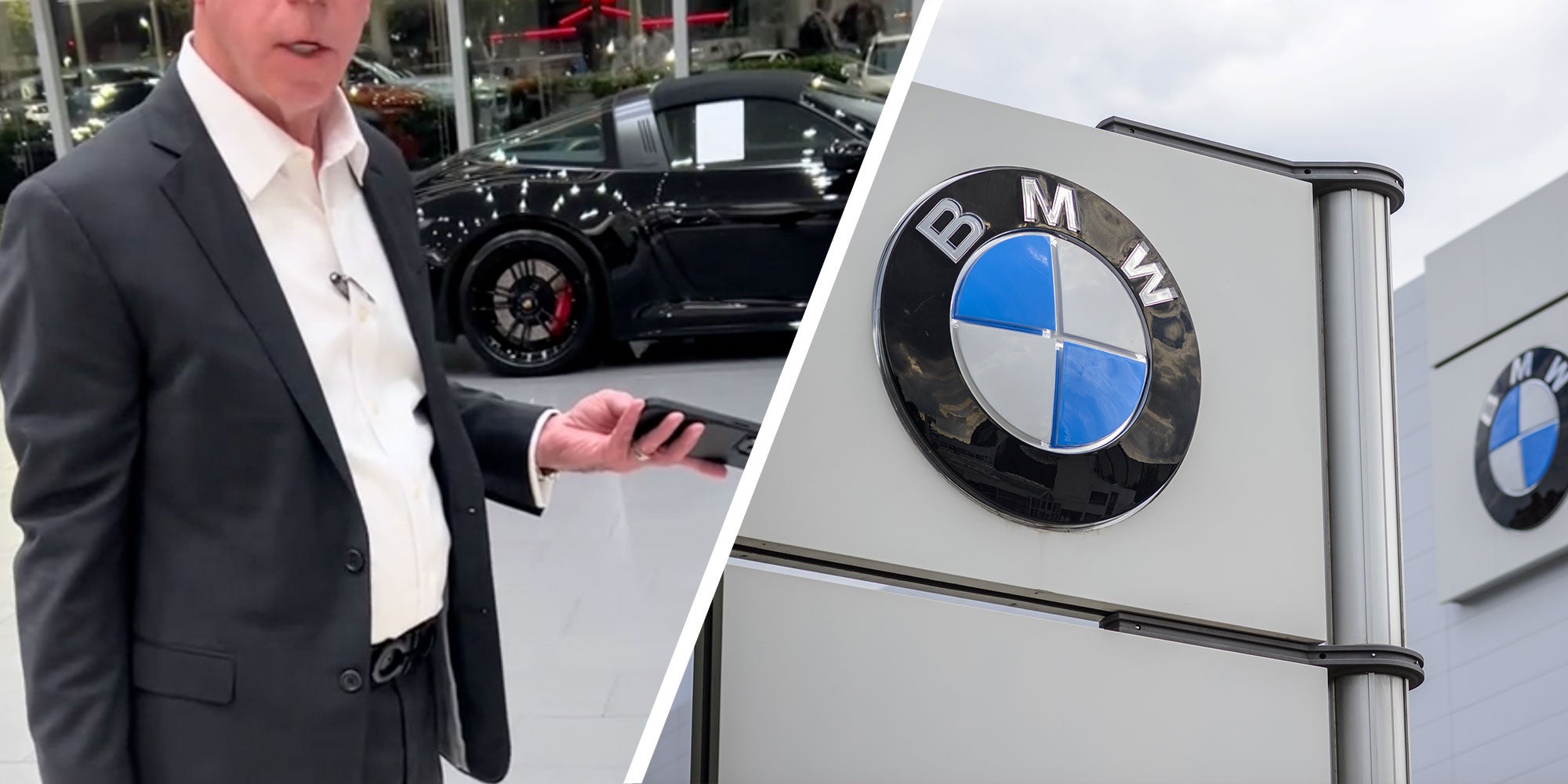 Two panel design with a man looking like he in arguing with a customer, and a BMW sign in the other panel