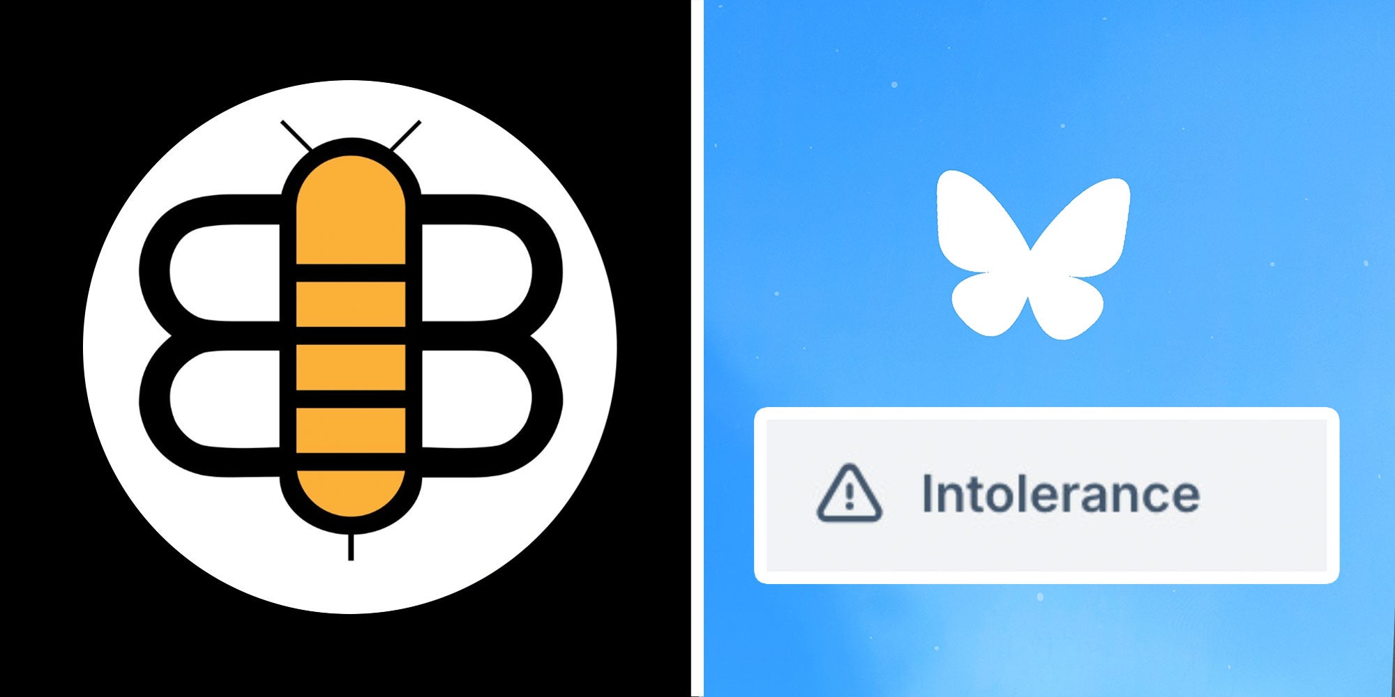 Two panel design with the Bablylon Bee logo and the Blue Sky logo with the 'Intolerance' marker below it.