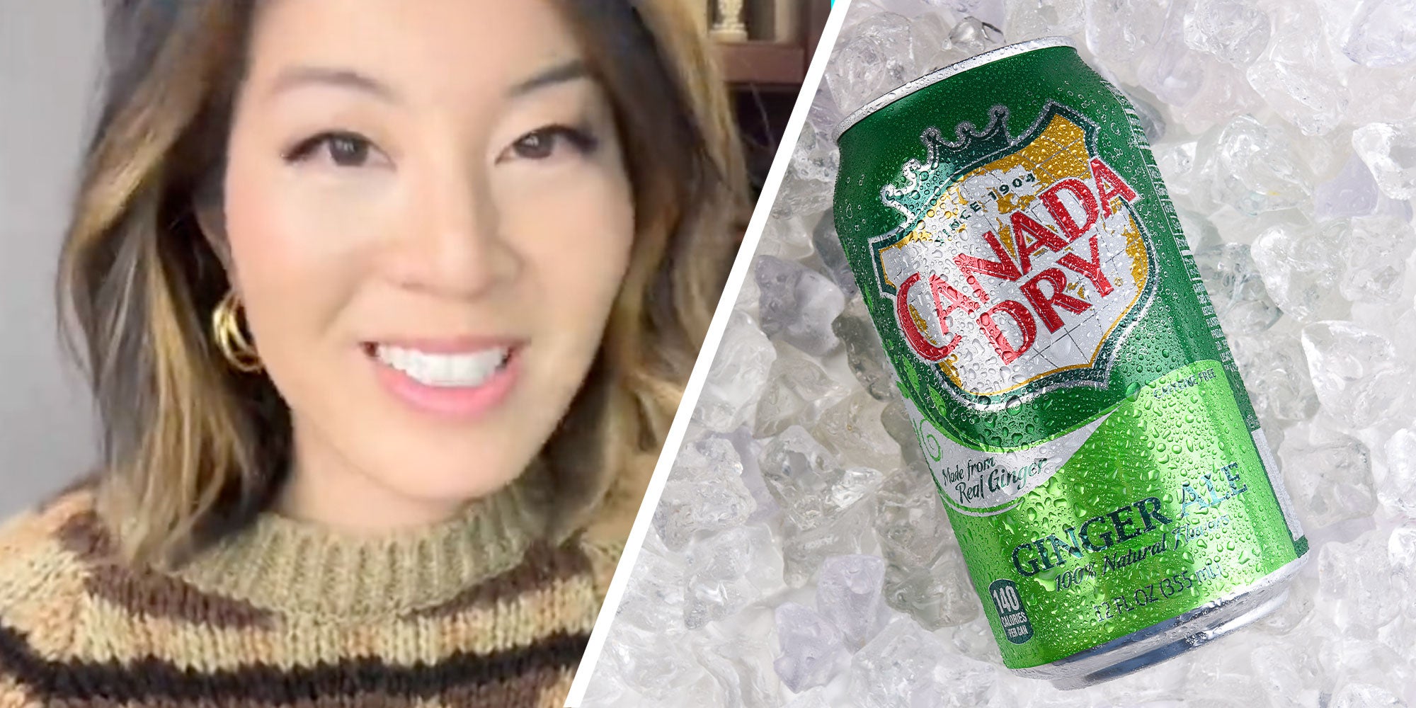 two panel design with a woman smiling at the camera in one, and a Canada Dry ginger ale can sitting laying on ice.