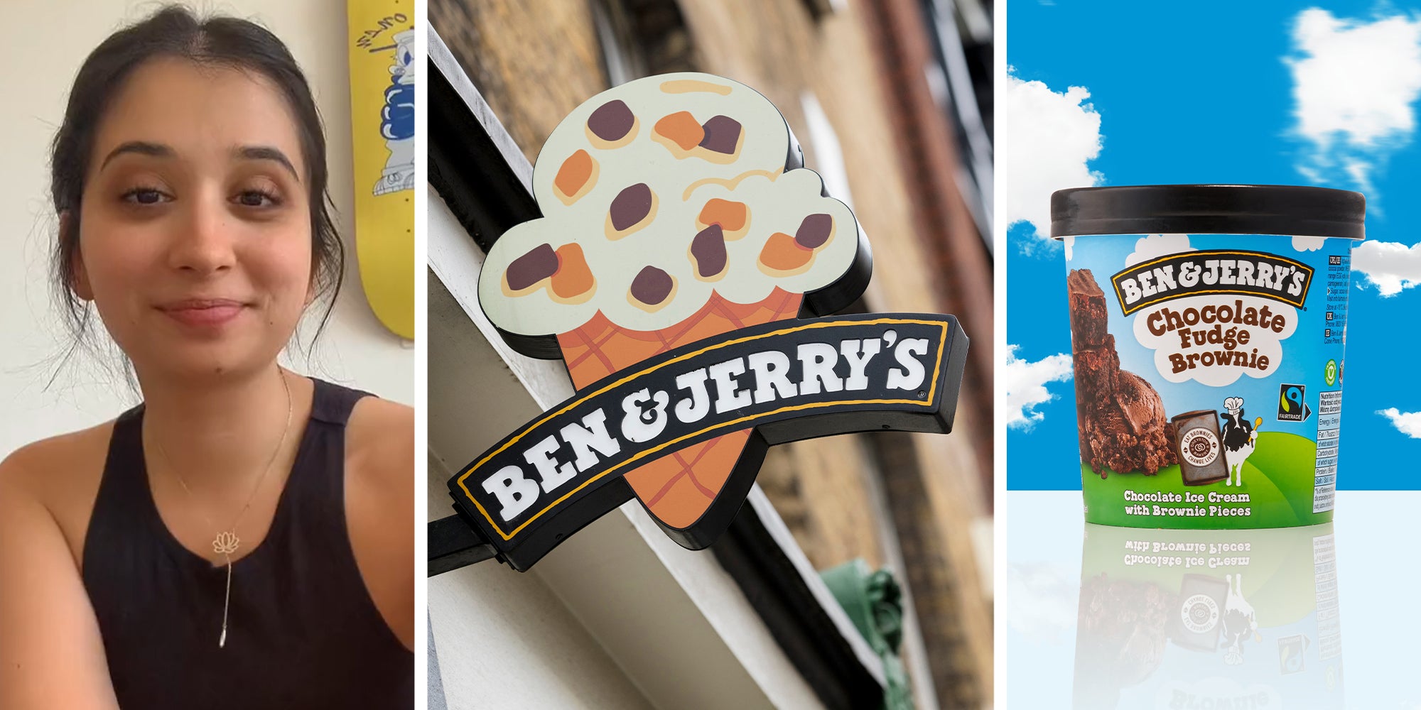 Girl sharing what she saw after she opened ice-cream(l) Ben And Jerry's sign(c) Ben and Jerrys Chocolate Fudge Brownie(r)