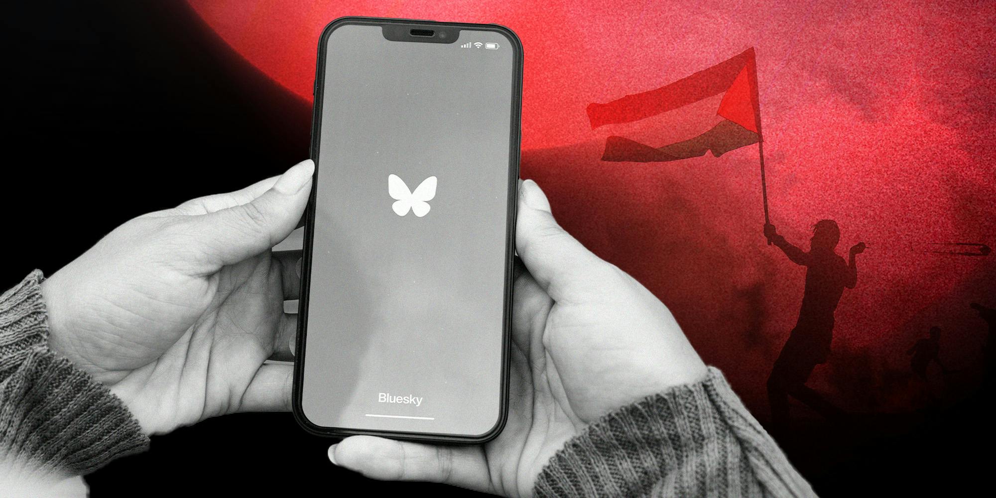 Person holding up phone with BlueSky app on display in Black and white effect; Red Overlay background silhouette of person waving Palestine Flag