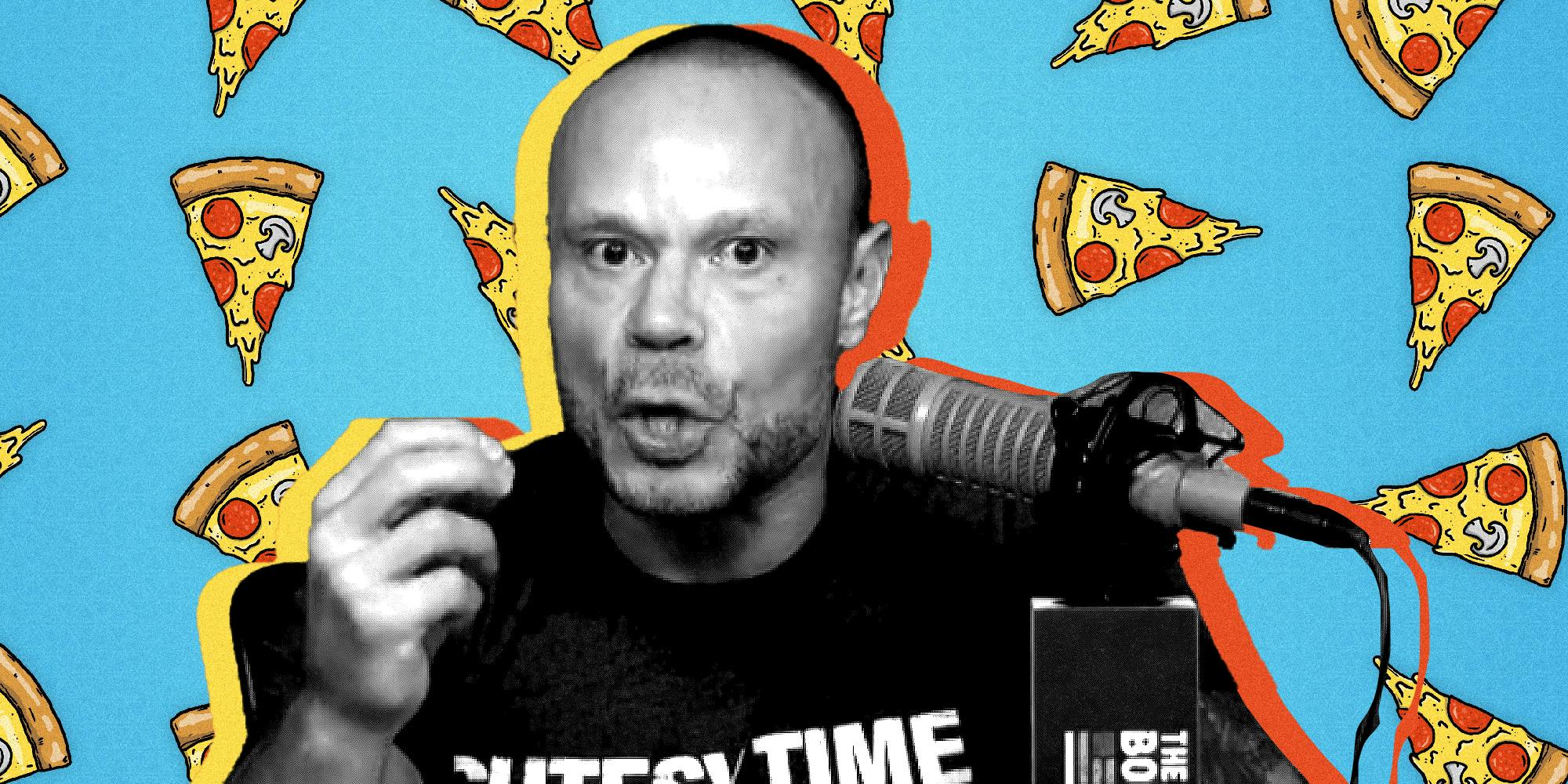 Dan Bongino speaking into mic in front of a background full of pizza slices.