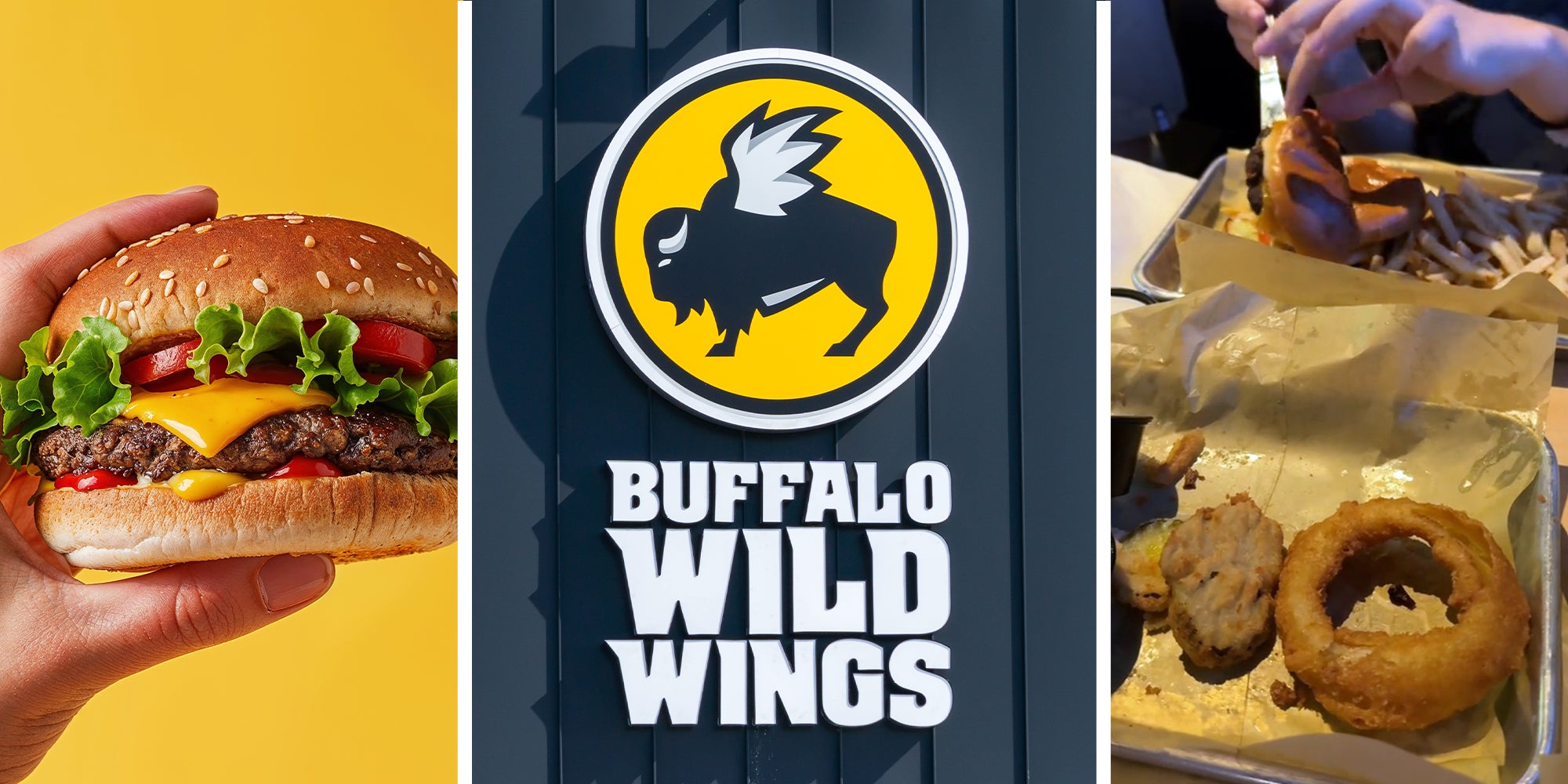 Hand holding burger with yellow background(l) Buffalo Wild Wings Store Front(c) Buffalo Wild Wings burger and Onion Ring(r)