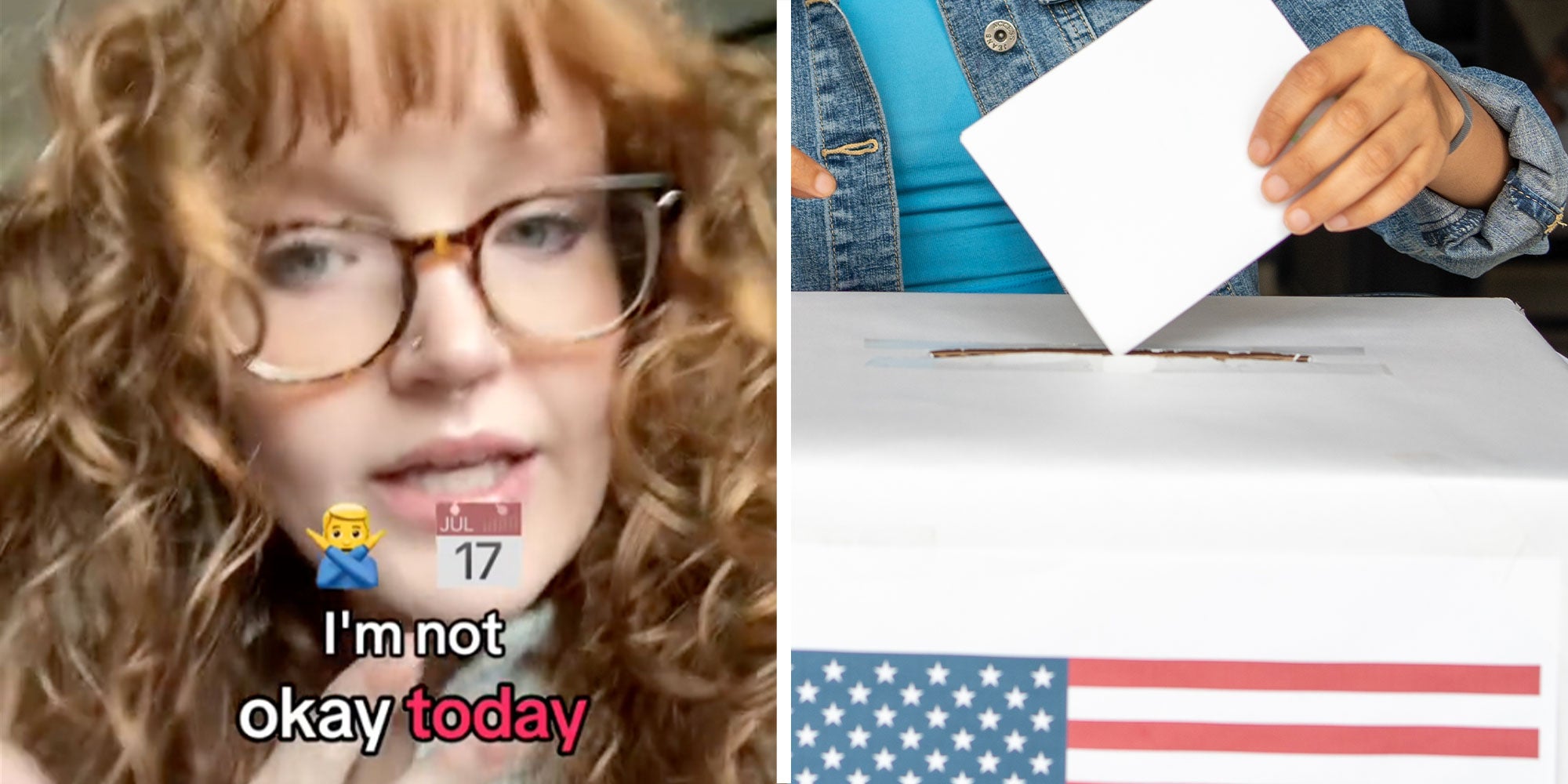 Two panel design with one a close of of a woman with text reading "I'm not okay today", the 2nd is a person putting in their vote into a ballot box