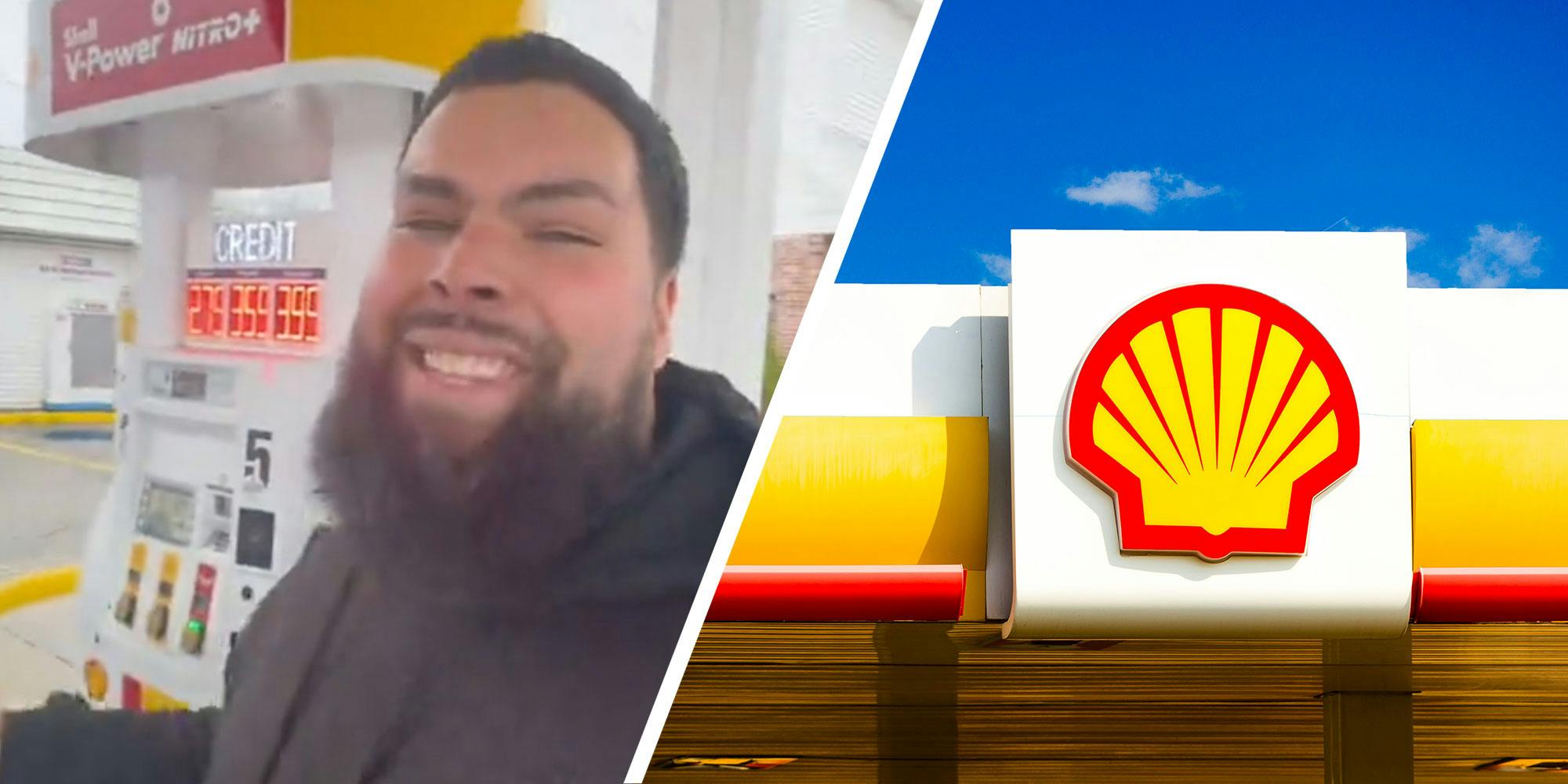 Two panel design with a happy man on front of a shell gas pump. and the Shell sign in the other panel