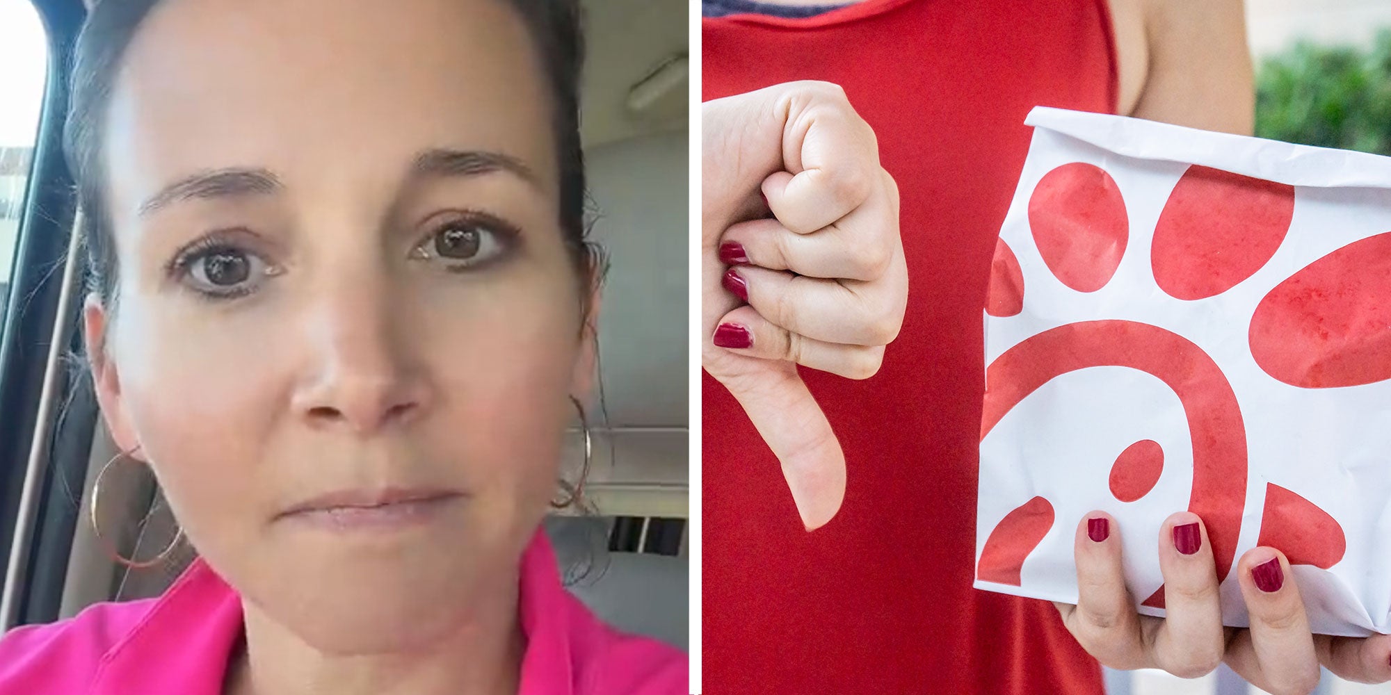 Two panel design with a frustrated woman in one, and a person with a down thumbs gesture next to a Chick-Fil-A bag