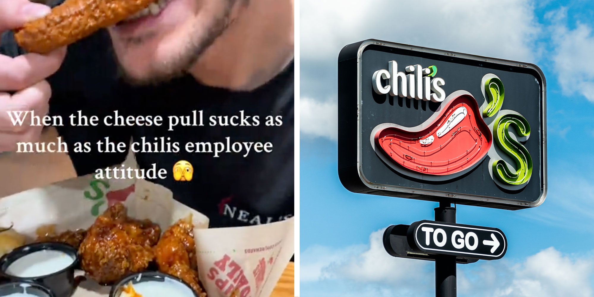 Two panels with one showing a man eating a mozzarella stick with text reading 'When the cheese pull sucks as muc as the chilis employee attitude', 2nd panel is a 'Chili's' restaurant sign.