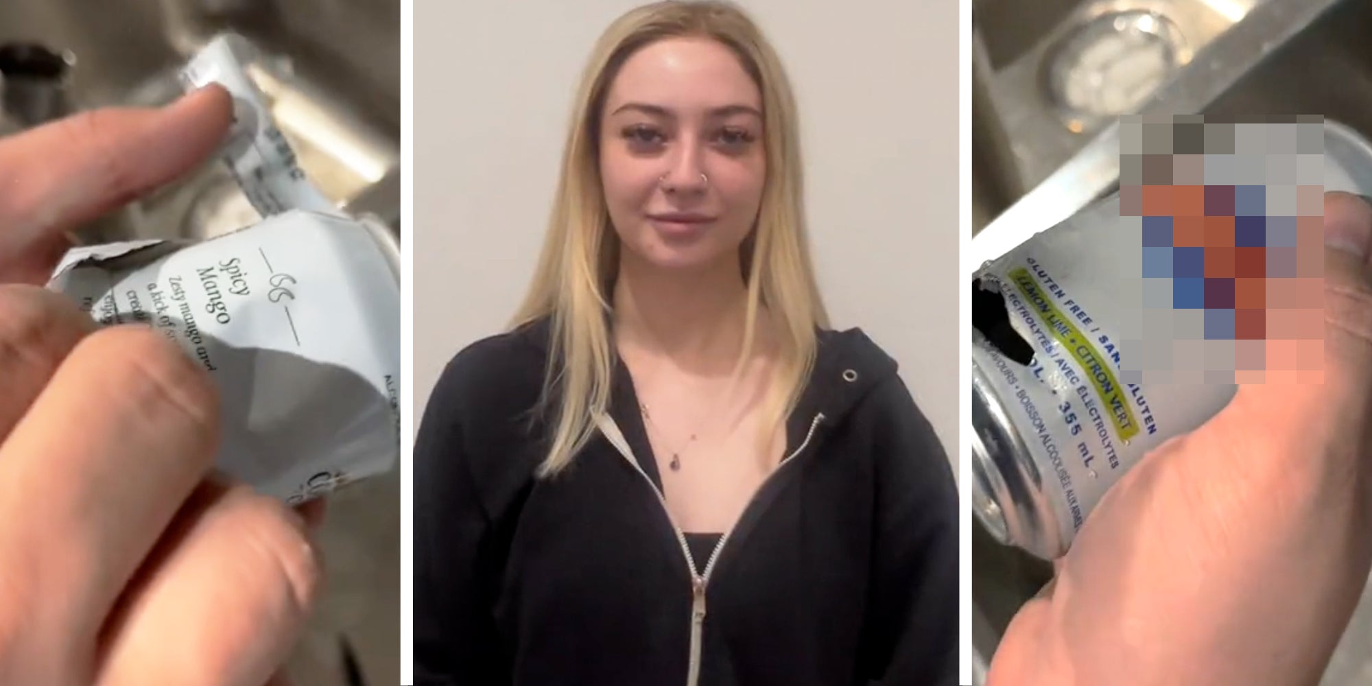 Hand opening can(l), Woman smiling(c), Censored can(r)