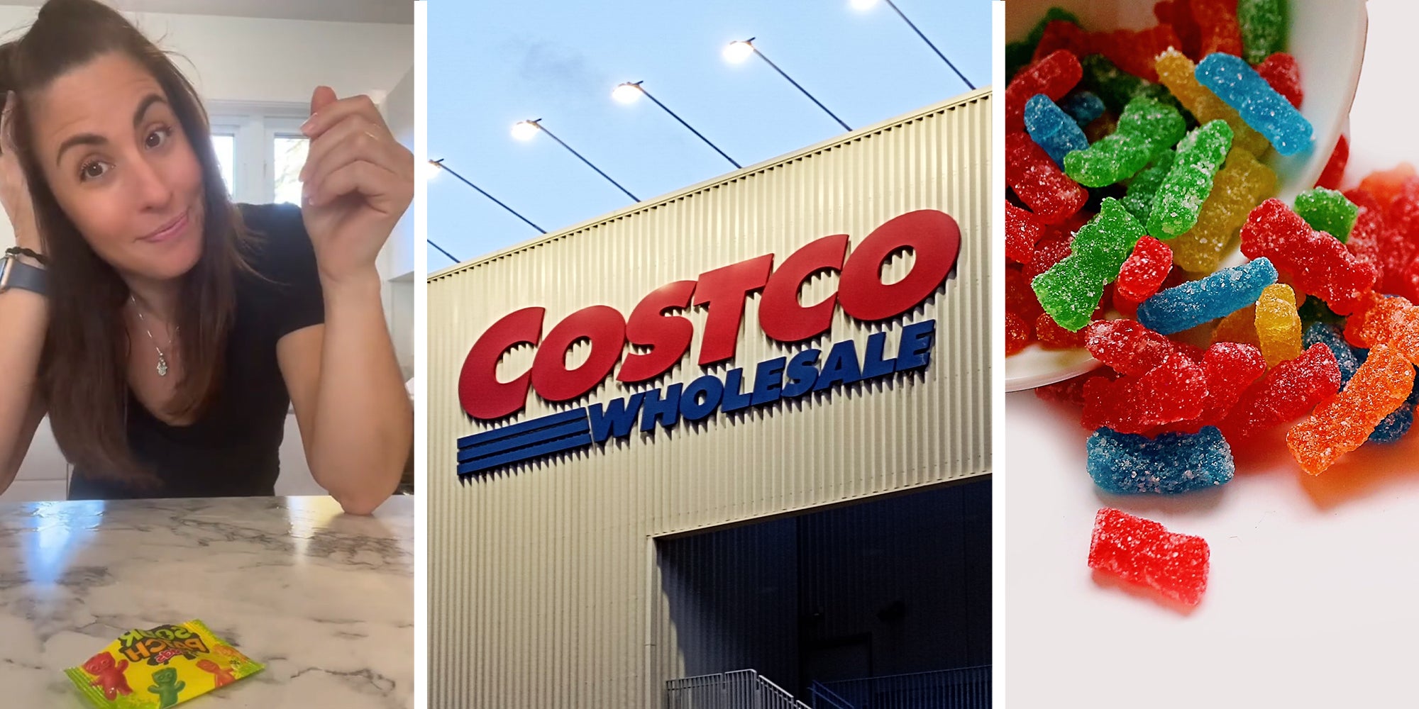 Woman with sour patch kid(l) Costco Wholesale Store Front(c) Sour Patch Kids (r)