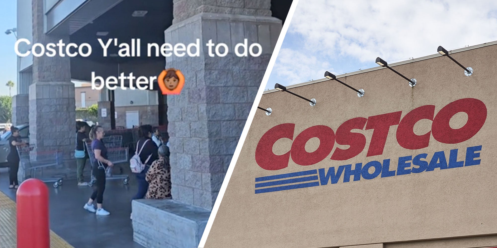 Two panel design with one showing a Costco Wholesale store from the outside with text reading 'Costco, Y'all need to do better', the other is a Costco Building sign from the outside