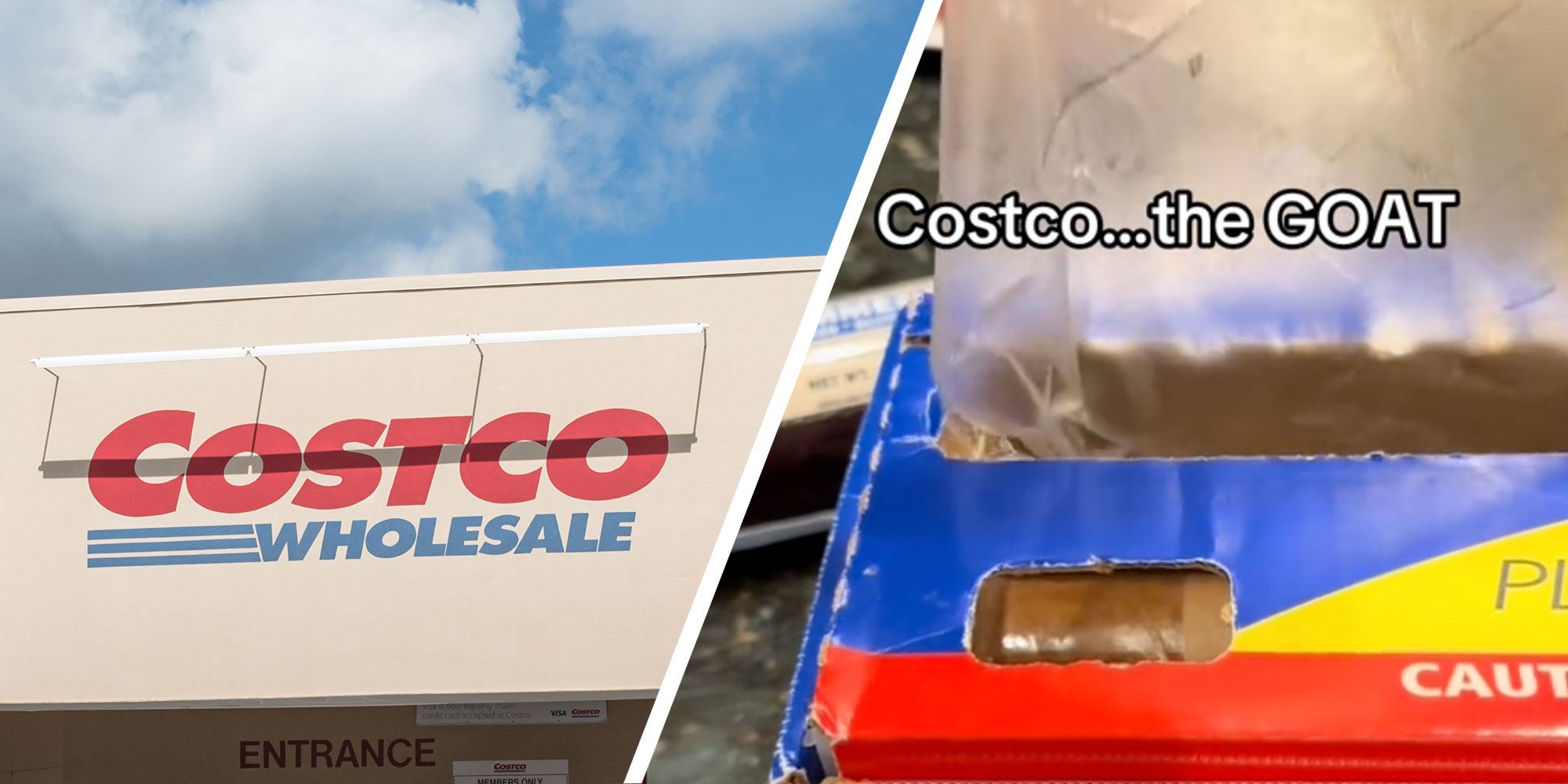 Two panel design with one showing the outside of a Costco Wholesale, and the 2nd of a box of clear wrap that is about to run out, text reads 'Costco...The GOAT' over the top of it.