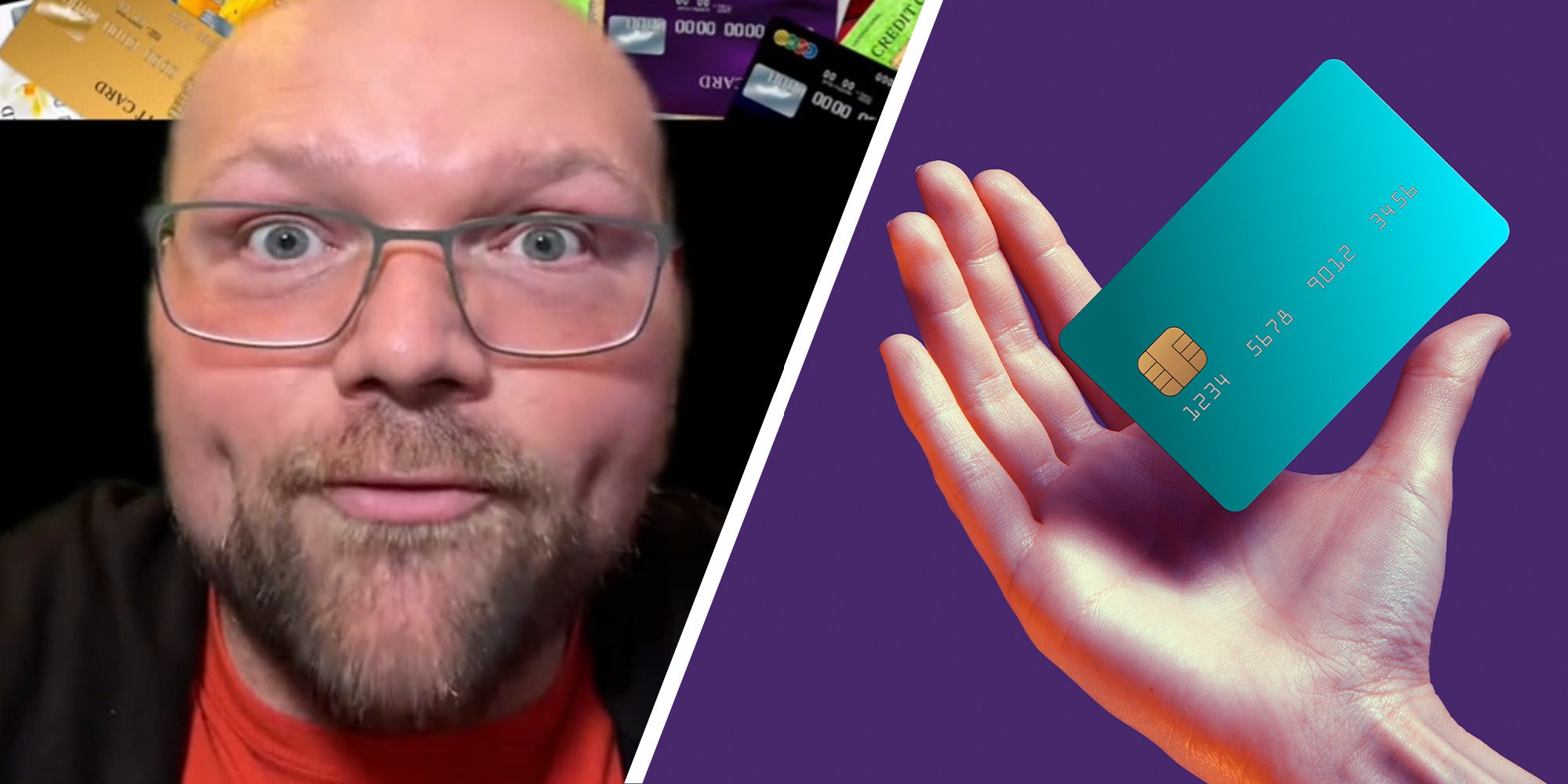 Man sharing changes coming to credit cards(l) Close up female hand holds levitating credit card(r)