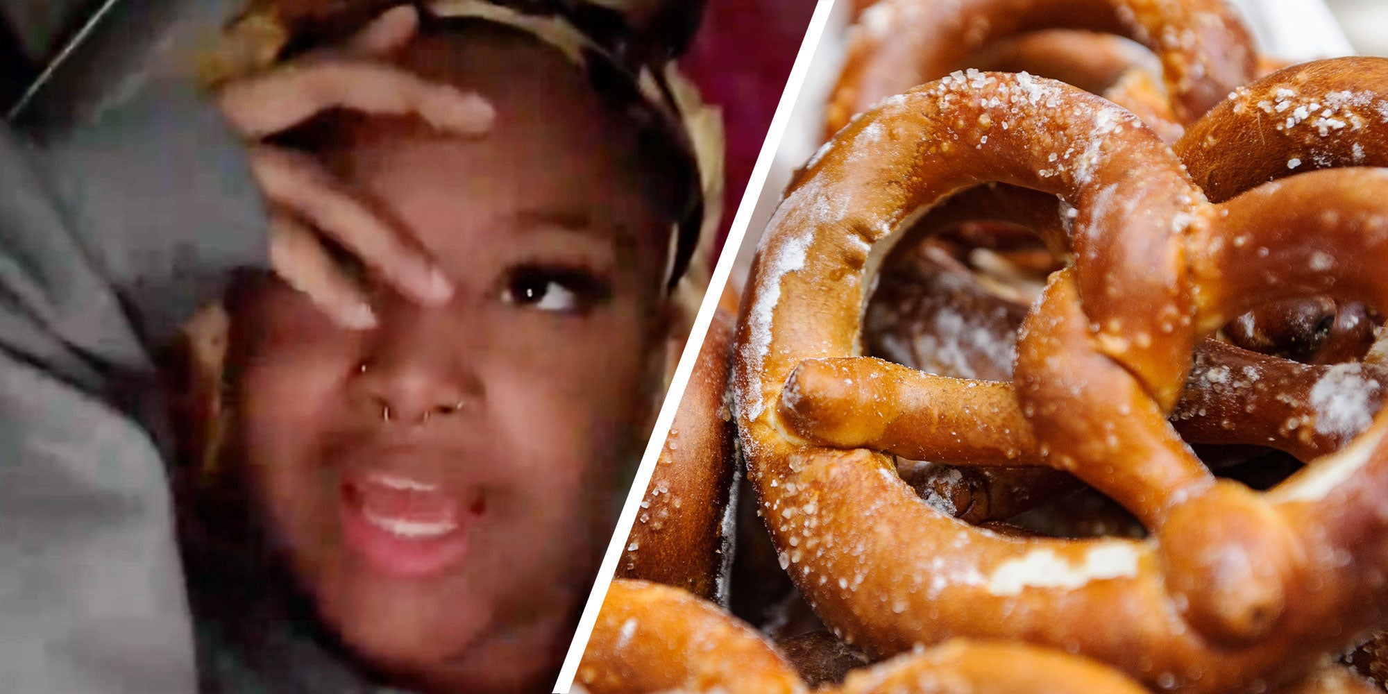 Two panel design with a woman looking annoyed in one and a close in of a stack of pretzels in the other