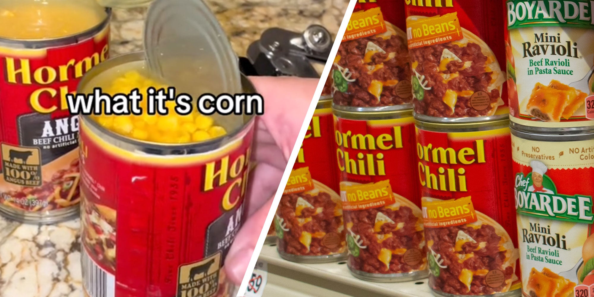 two panel design with a can reading Hormel Chill but is full of corn, next to an image of a shelf stacked with Hormel Chilil