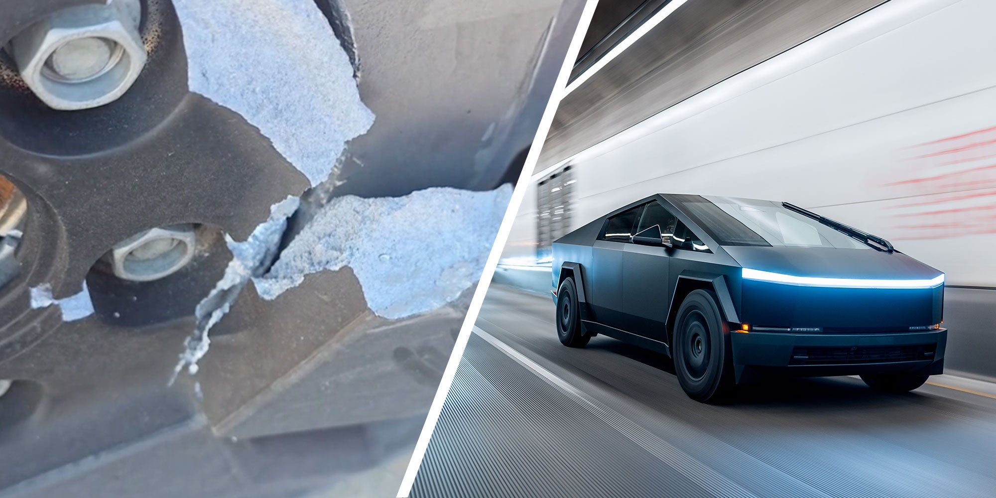 Two panel design with a broken Cybertruck wheel in one, next to a Cybertruck going down the freeway