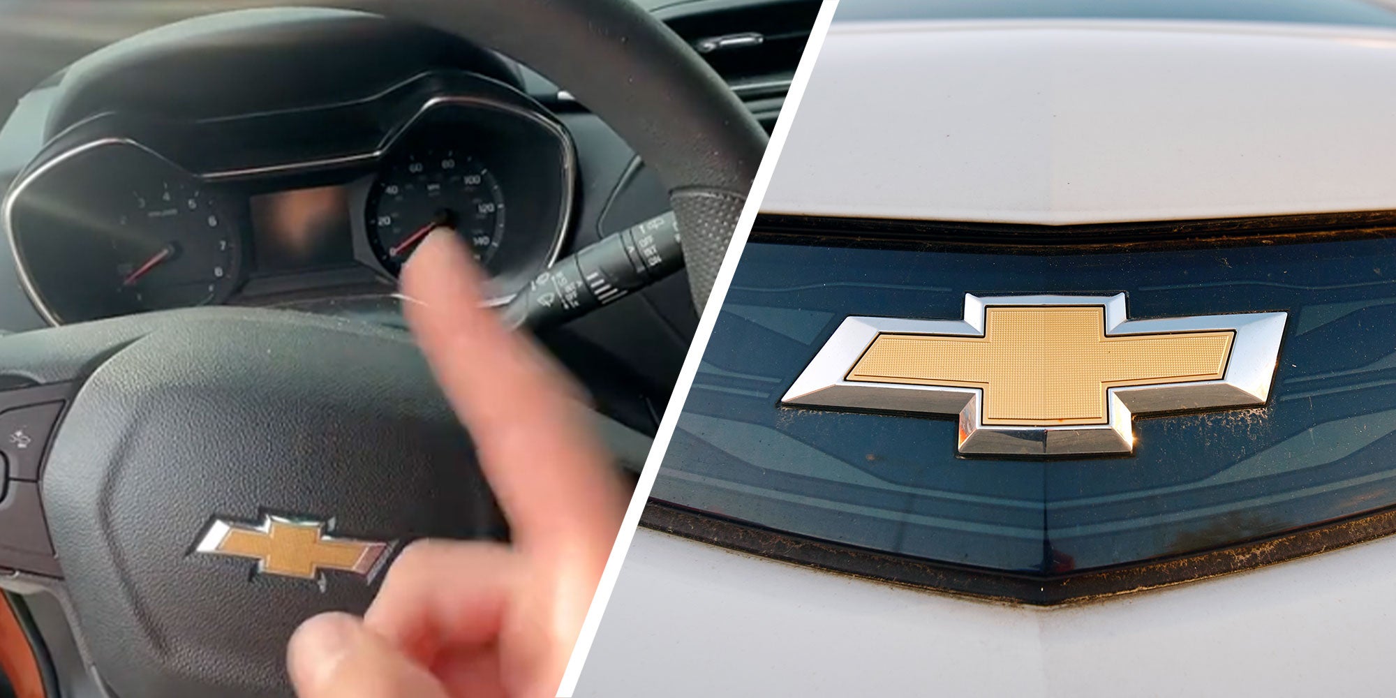 Two panel design with one being the inside of a car, a man in inside the drivers seat and he is pointing at the wheel. The 2nd is of a close of shot showing a Chevy Grill.